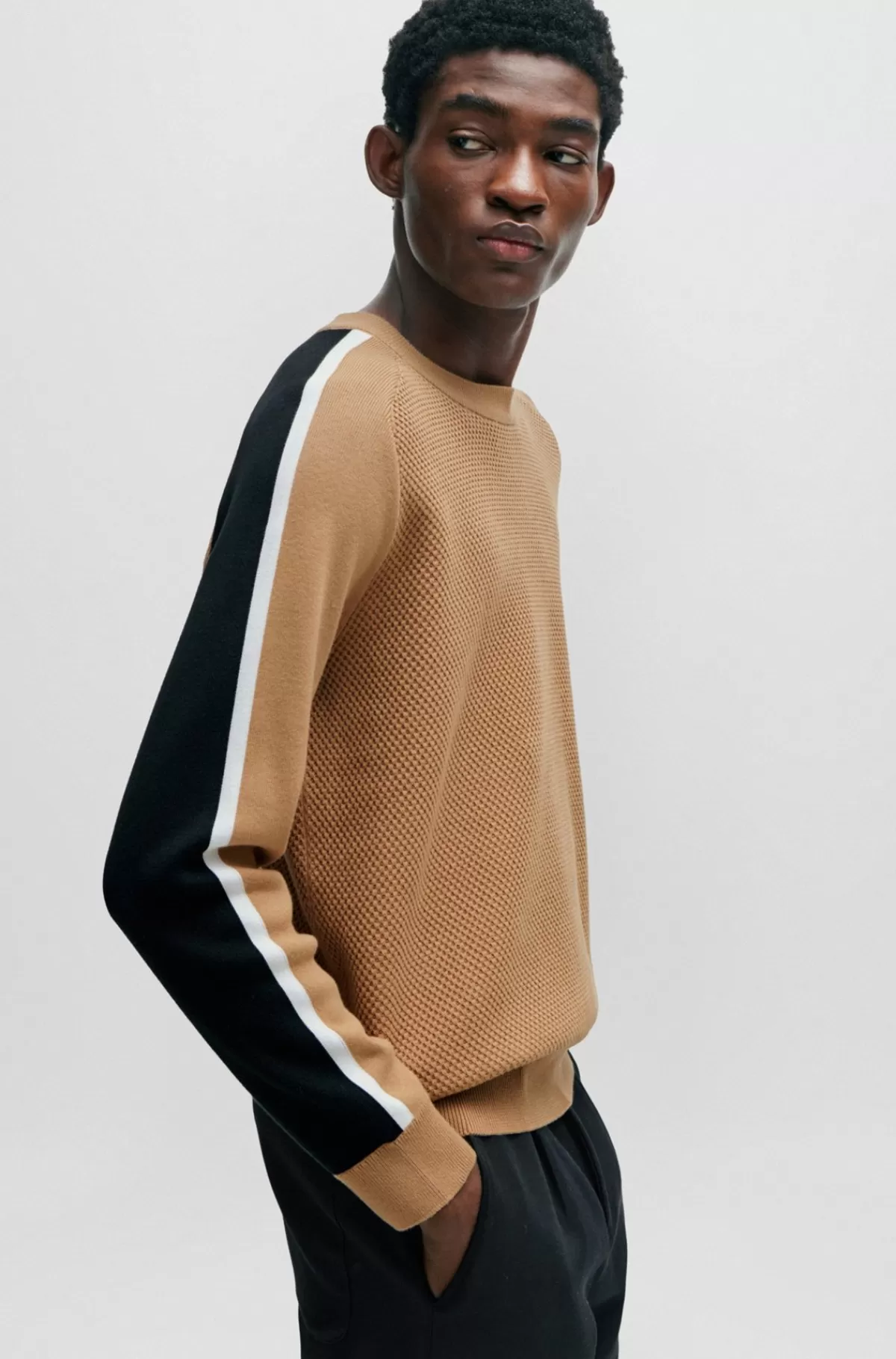 HUGO BOSS Sweater I Bomuld Med Colour Blocking Og Meshdetalje Beige Sale