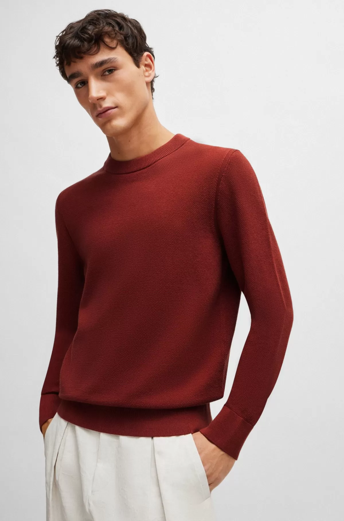 HUGO BOSS Sweater I Bomuld Med Mikrostruktur Mørkerød Store