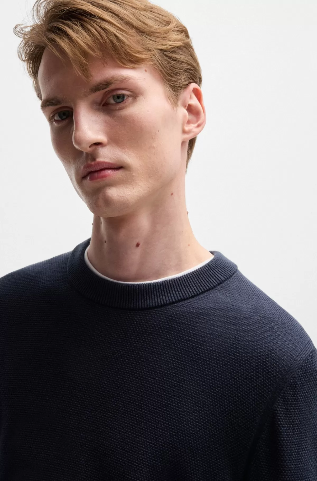HUGO BOSS Sweater I Bomuld Med Mikrostruktur Mørkeblå Store