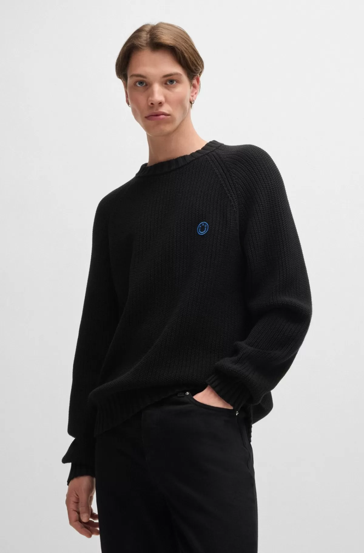HUGO BOSS Sweater I Bomuld Med Ribstruktur Og Logobadge Sort Store