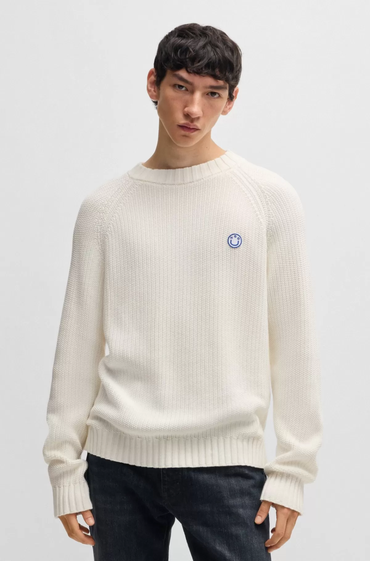 HUGO BOSS Sweater I Bomuld Med Ribstruktur Og Logobadge Hvid Store