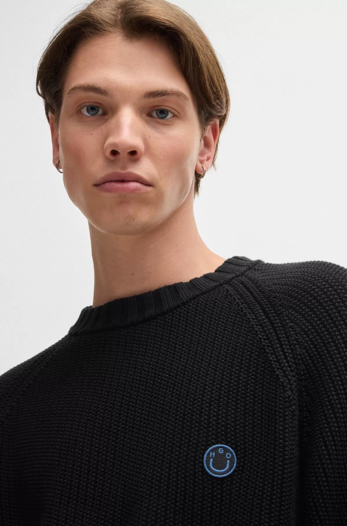 HUGO BOSS Sweater I Bomuld Med Ribstruktur Og Logobadge Sort Store