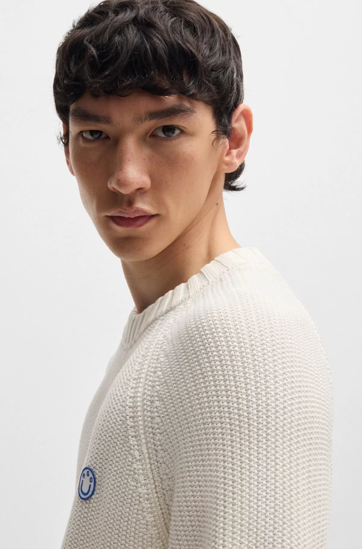 HUGO BOSS Sweater I Bomuld Med Ribstruktur Og Logobadge Hvid Store