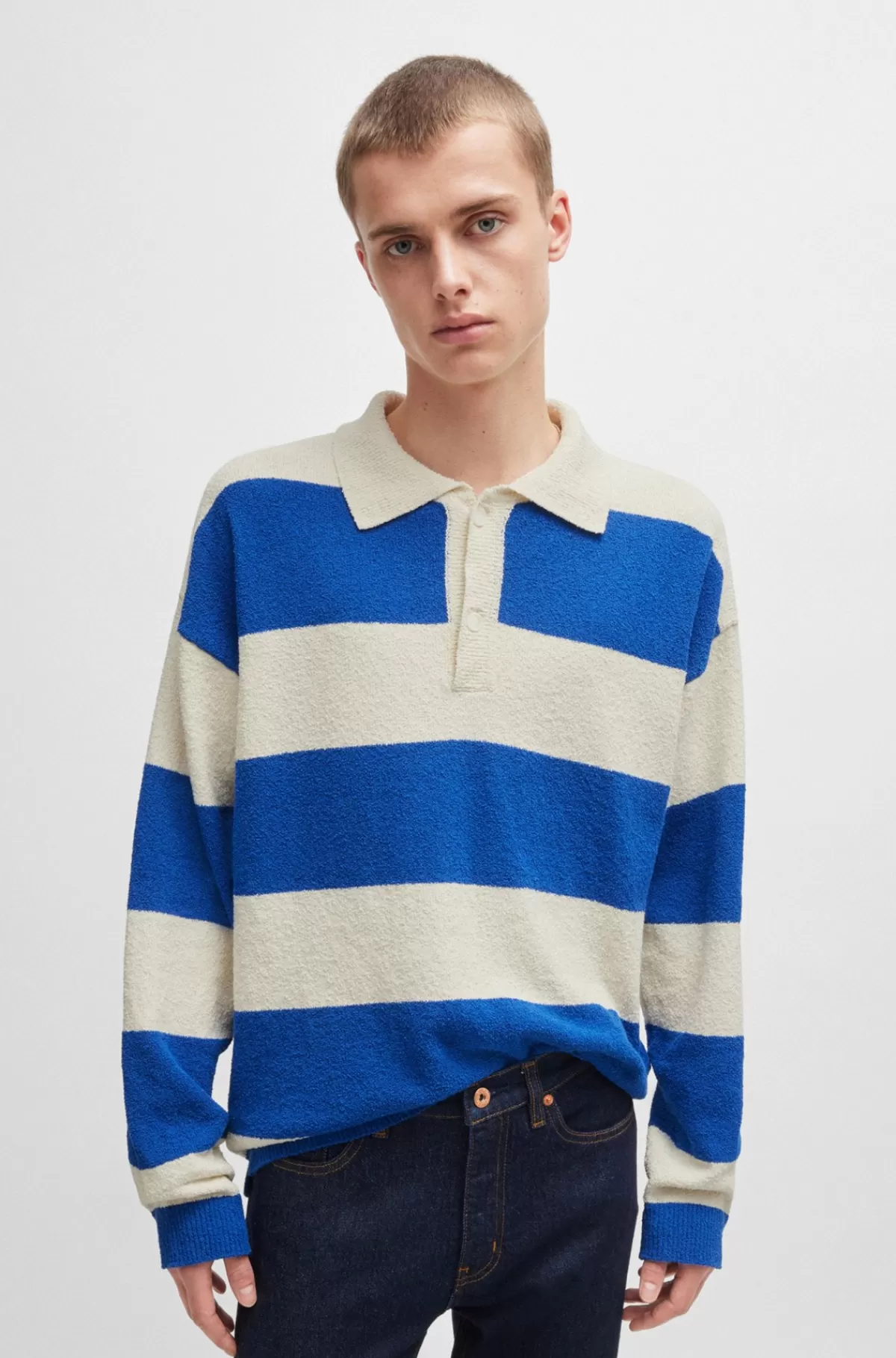 HUGO BOSS Sweater I Bomuldsblandet Bouclé I Rugbystil Blå Cheap