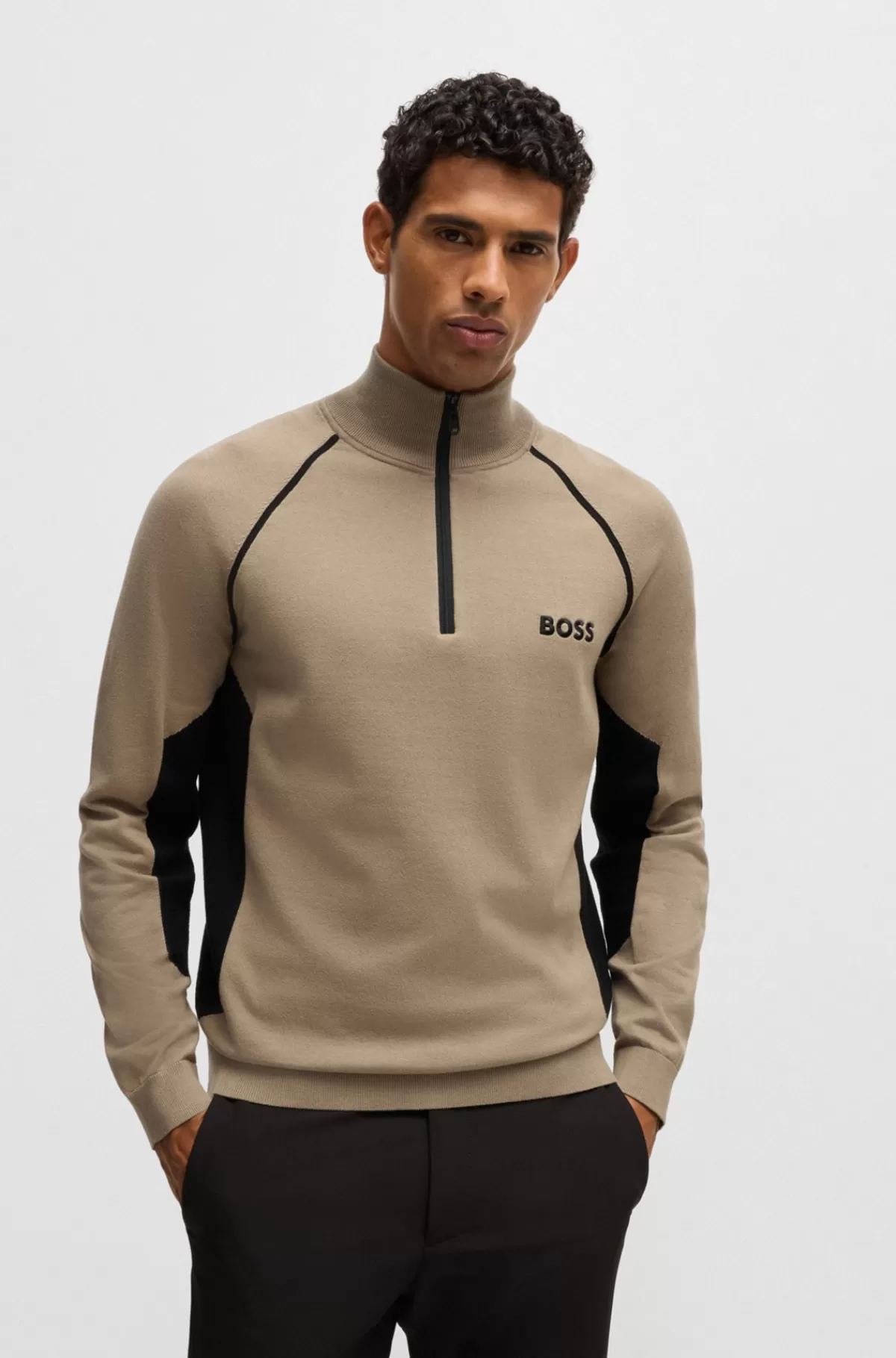 HUGO BOSS Sweater I Bomuldsblanding Med Colour Blocking Og Logo Beige Sale