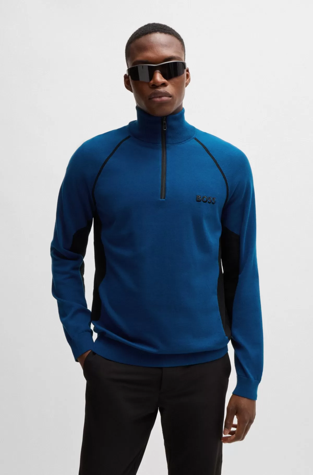 HUGO BOSS Sweater I Bomuldsblanding Med Colour Blocking Og Logo Blå Best