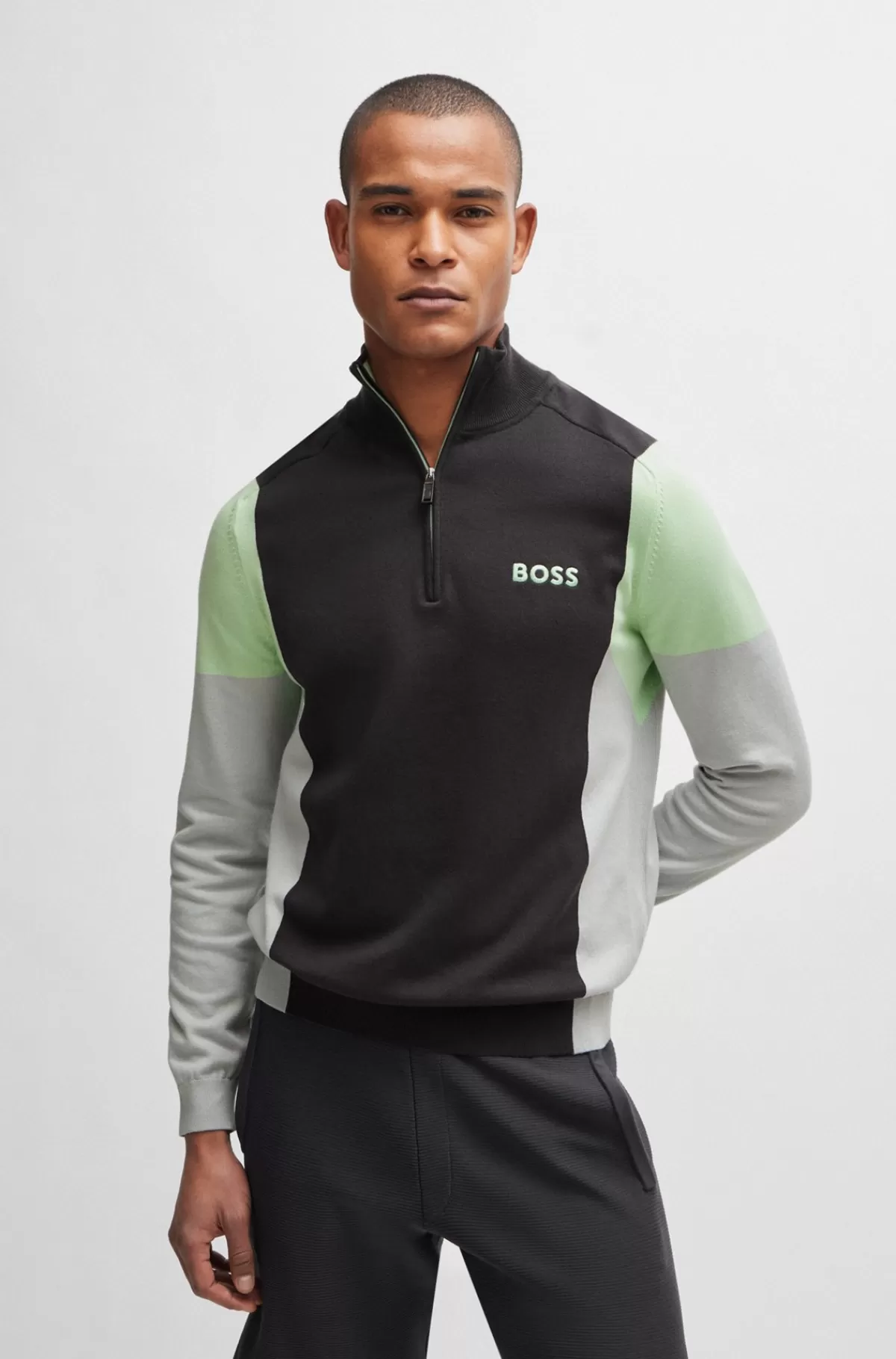 HUGO BOSS Sweater I Bomuldsblanding Med Lynlås I Halsen Og Broderede Logoer Mørkegrå Store