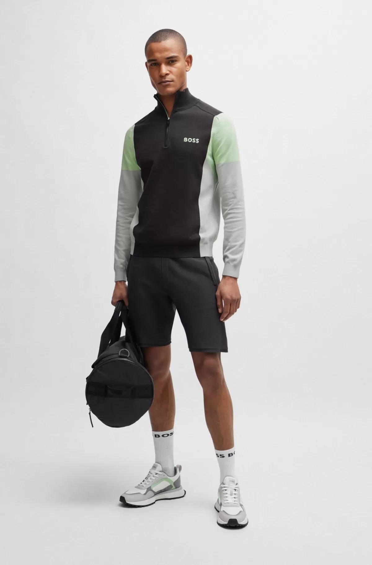 HUGO BOSS Sweater I Bomuldsblanding Med Lynlås I Halsen Og Broderede Logoer Mørkegrå Store