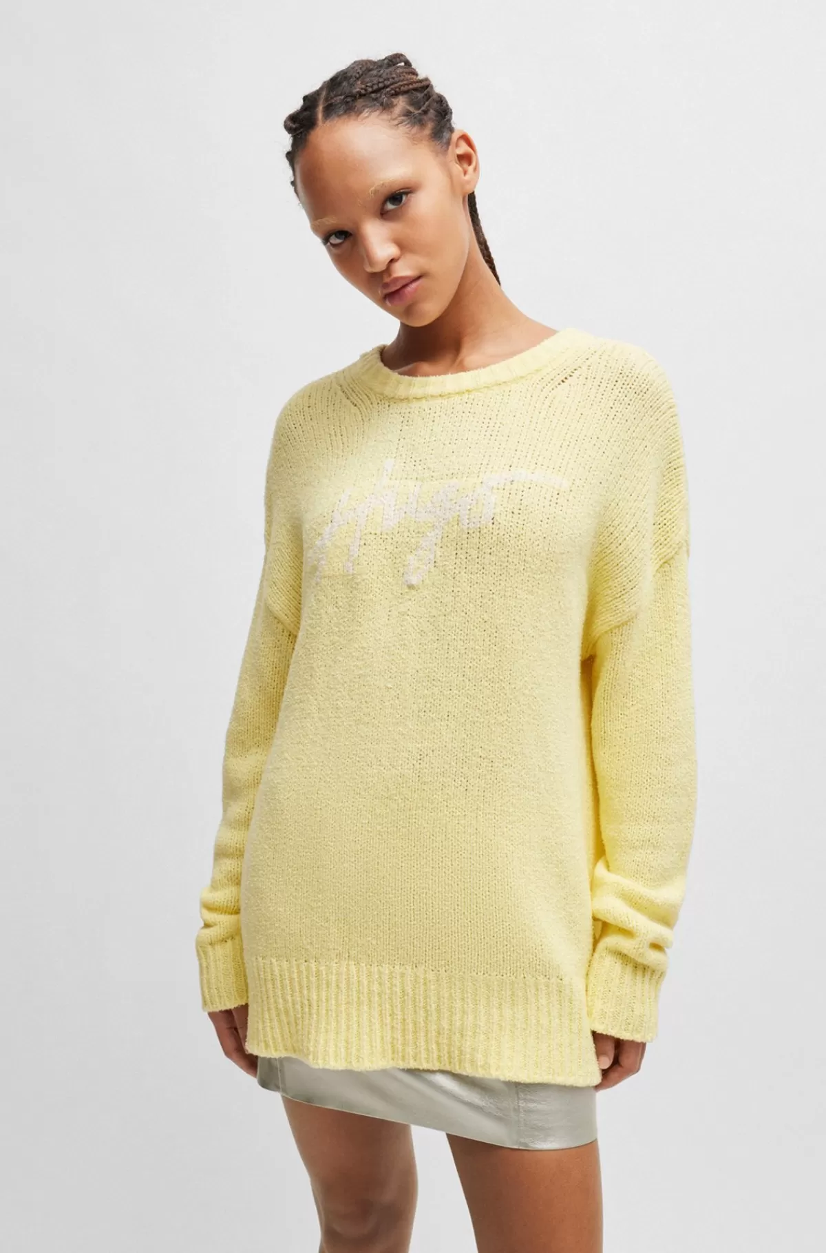 HUGO BOSS Sweater I Bomuldsblanding Med Oversize Fit Og Håndskrevet Logo Lysegul Hot