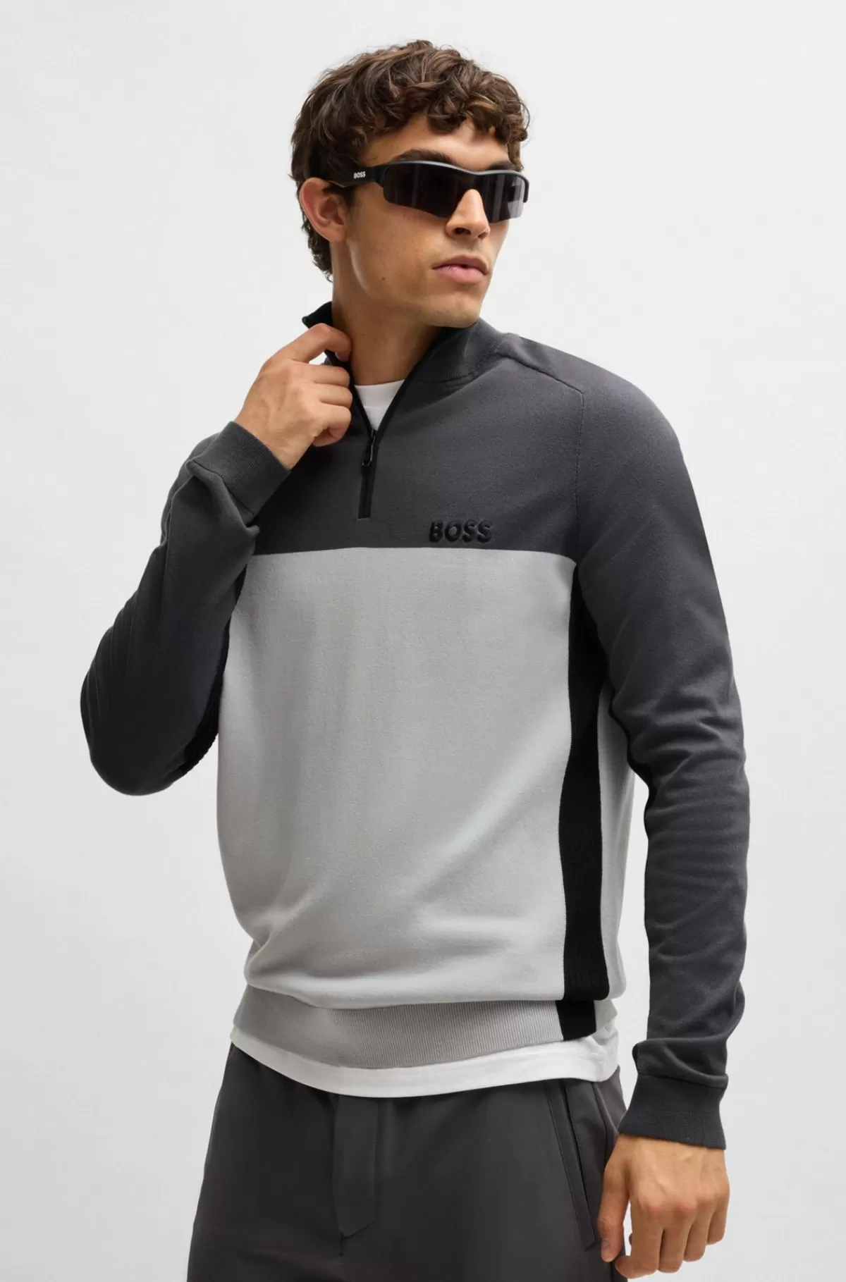 HUGO BOSS Sweater I Bomuldsblanding Med Regular Fit Og Colour-blocking Hvid / Grå Hot