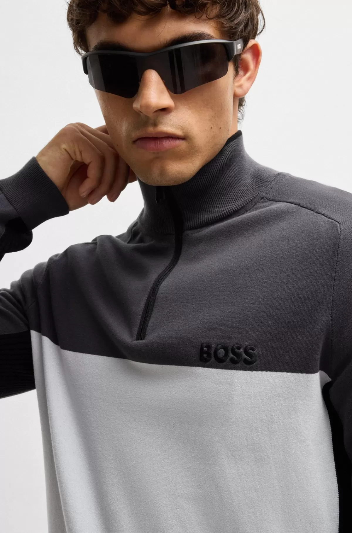 HUGO BOSS Sweater I Bomuldsblanding Med Regular Fit Og Colour-blocking Hvid / Grå Hot