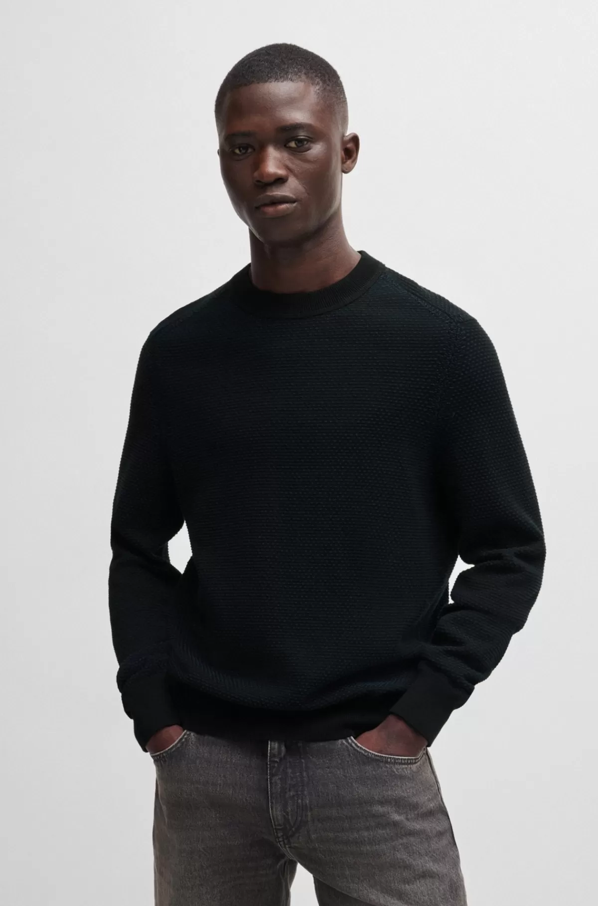 HUGO BOSS Sweater I Bomuldsblanding Med Tofarvet Struktur Sort Sale