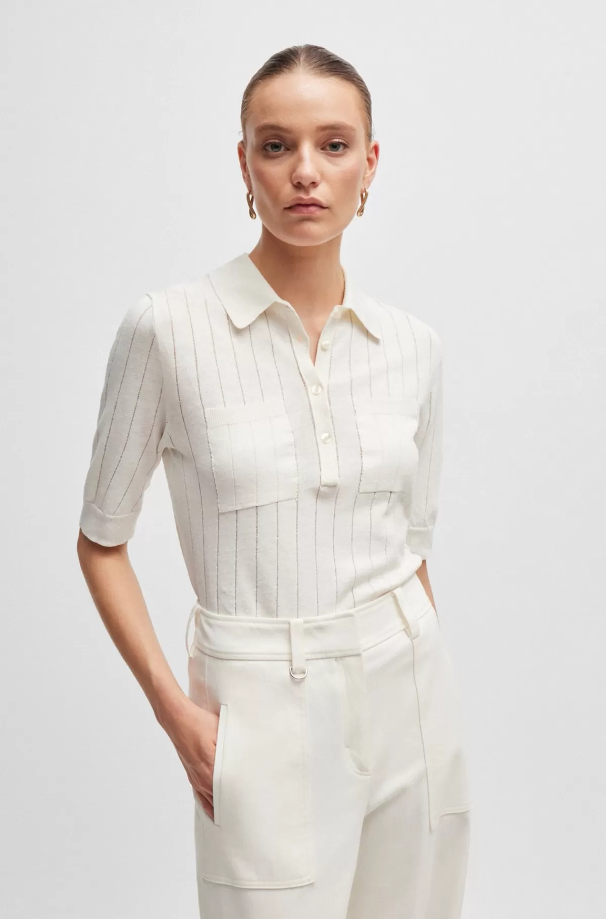 HUGO BOSS Sweater I Hørblanding Med Polokrave Hvid Clearance