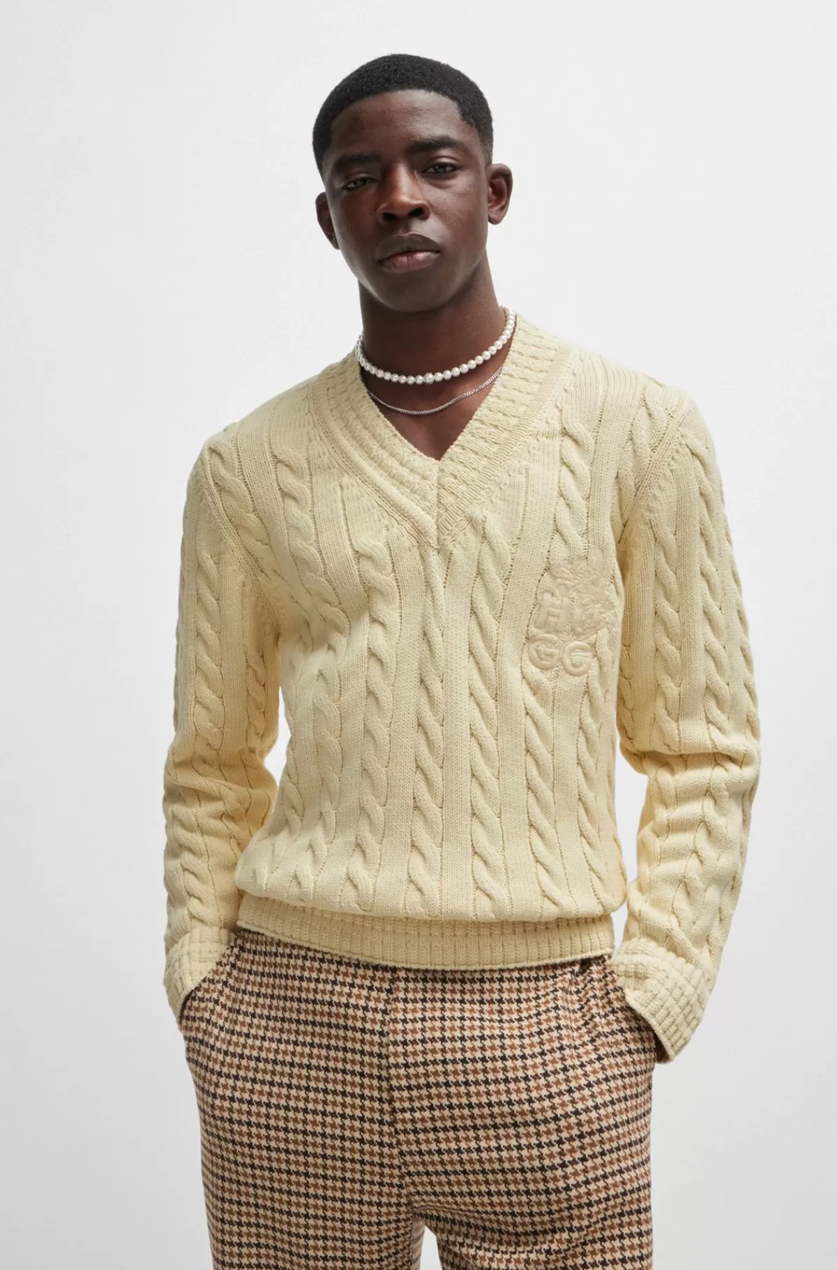 HUGO BOSS Sweater I Kabelstrikket Bomuldsblanding Med Stablet Logo Lys beige Sale