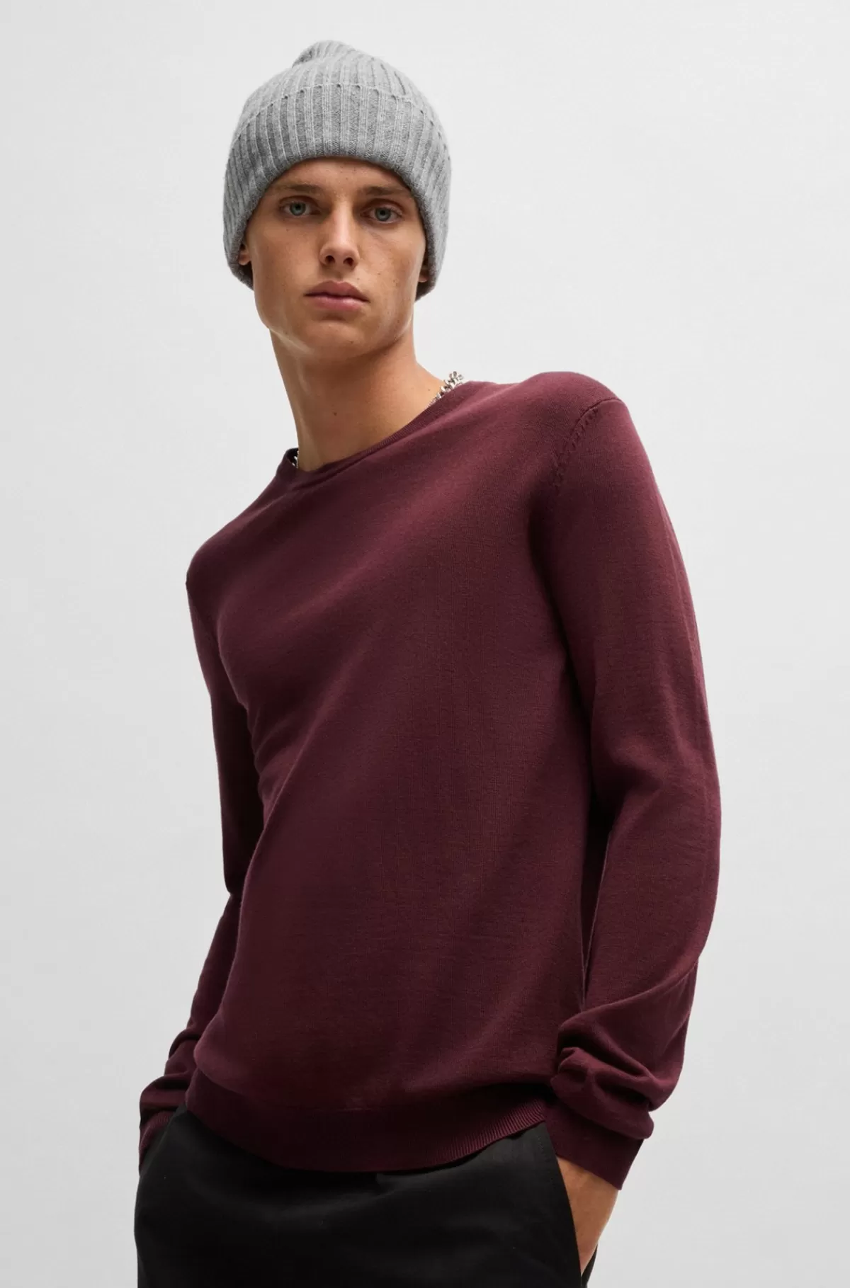 HUGO BOSS Sweater I Ny Uld Med Broderet Logo Mørkerød Cheap