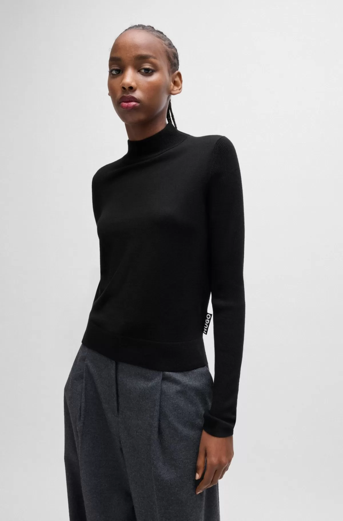 HUGO BOSS Sweater I Ny Uld Med Høj Hals Og Ribærmer Sort Outlet