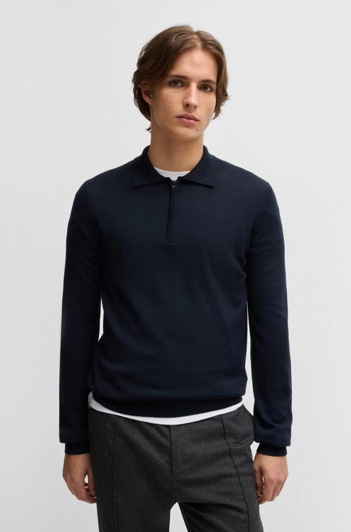 HUGO BOSS Sweater I Ny Uld Med Lynlåshals Og Polo-krave Mørkeblå Sale