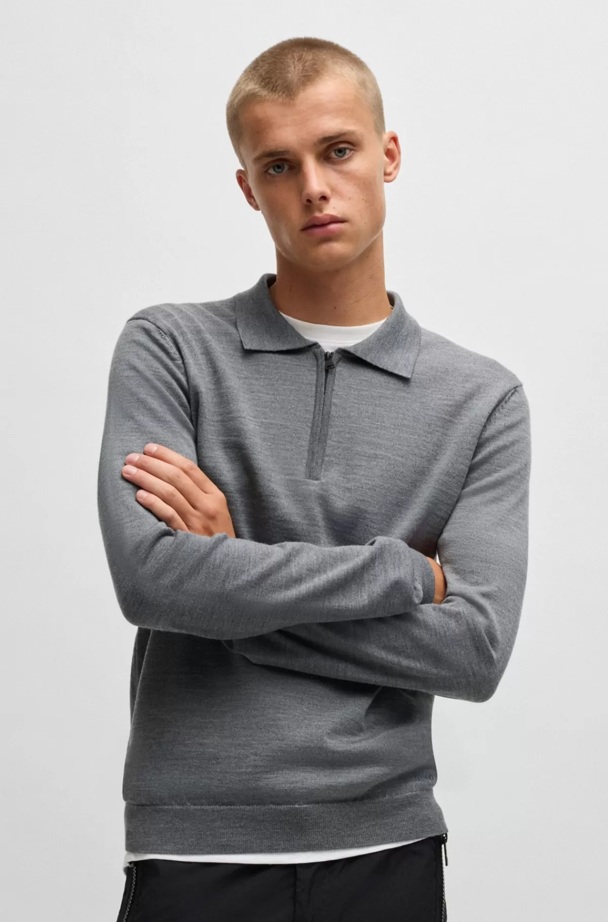 HUGO BOSS Sweater I Ny Uld Med Lynlåshals Og Polo-krave Grå Store