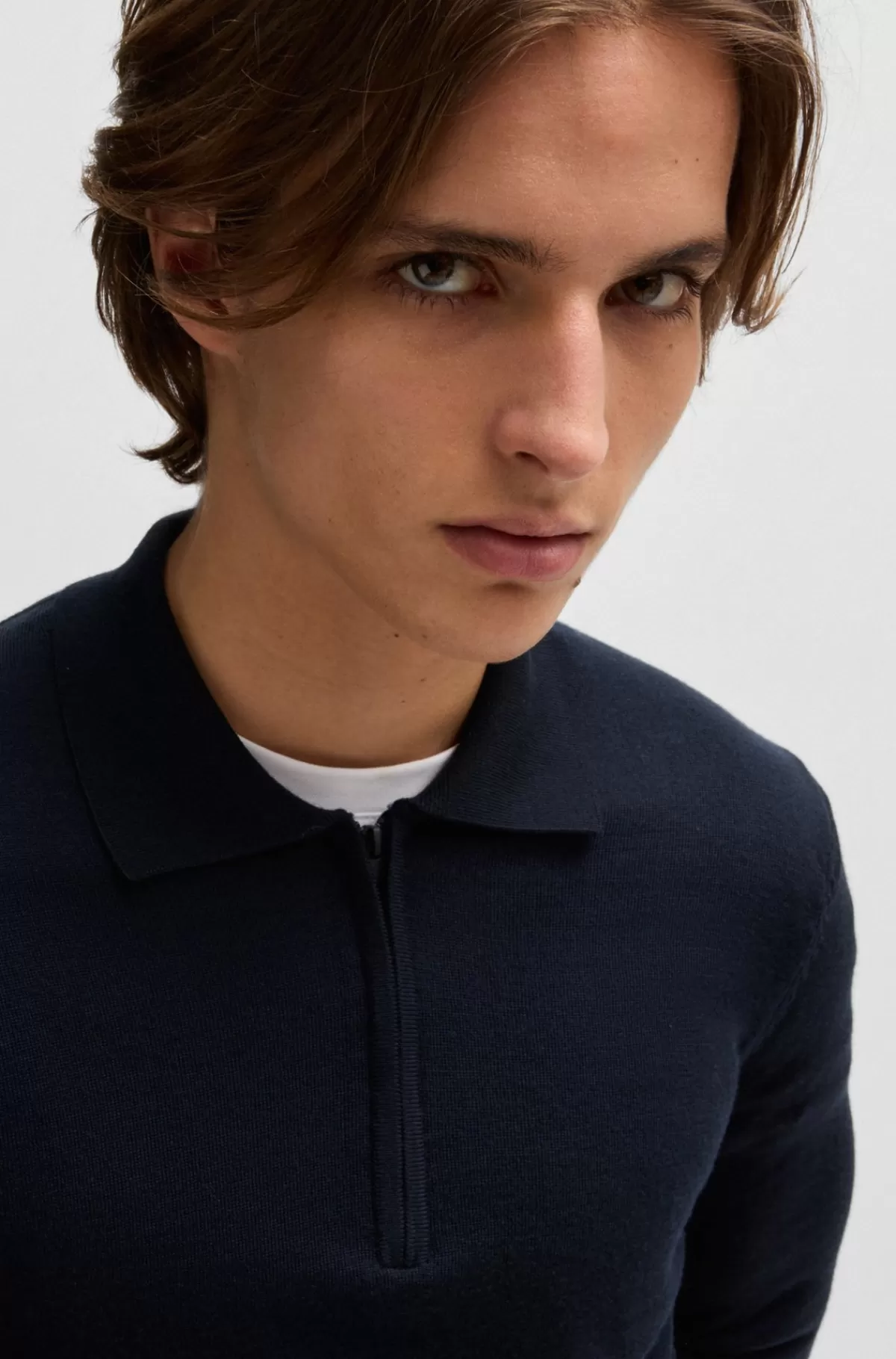 HUGO BOSS Sweater I Ny Uld Med Lynlåshals Og Polo-krave Mørkeblå Sale