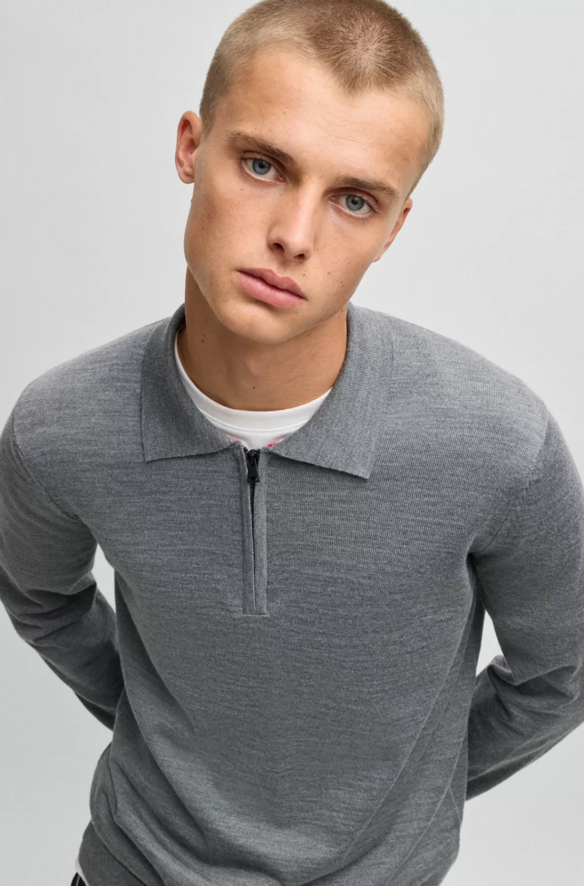 HUGO BOSS Sweater I Ny Uld Med Lynlåshals Og Polo-krave Grå Store