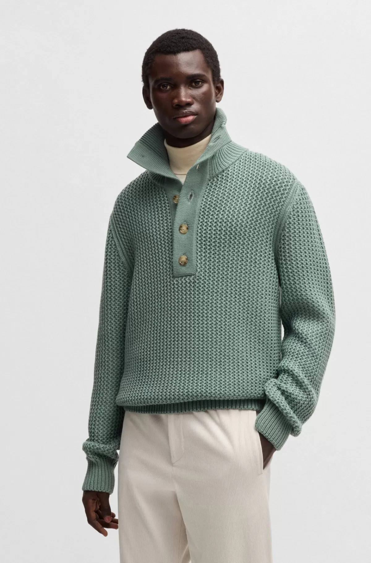 HUGO BOSS Sweater I Ny Uld Med Regular Fit Og Knapstolpelukning Lysegrøn Best Sale