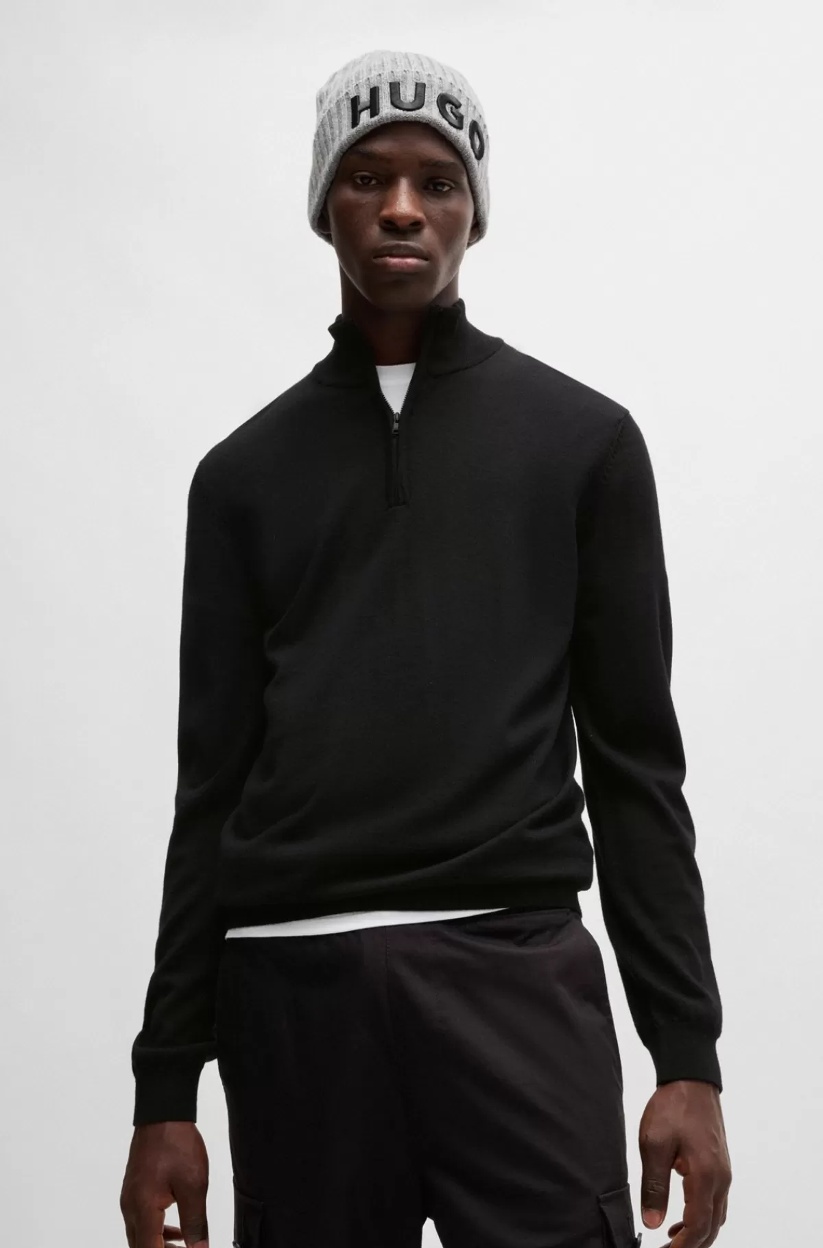 HUGO BOSS Sweater I Ny Uld Med Regular Fit Og Lynlås I Halsen Sort Best Sale