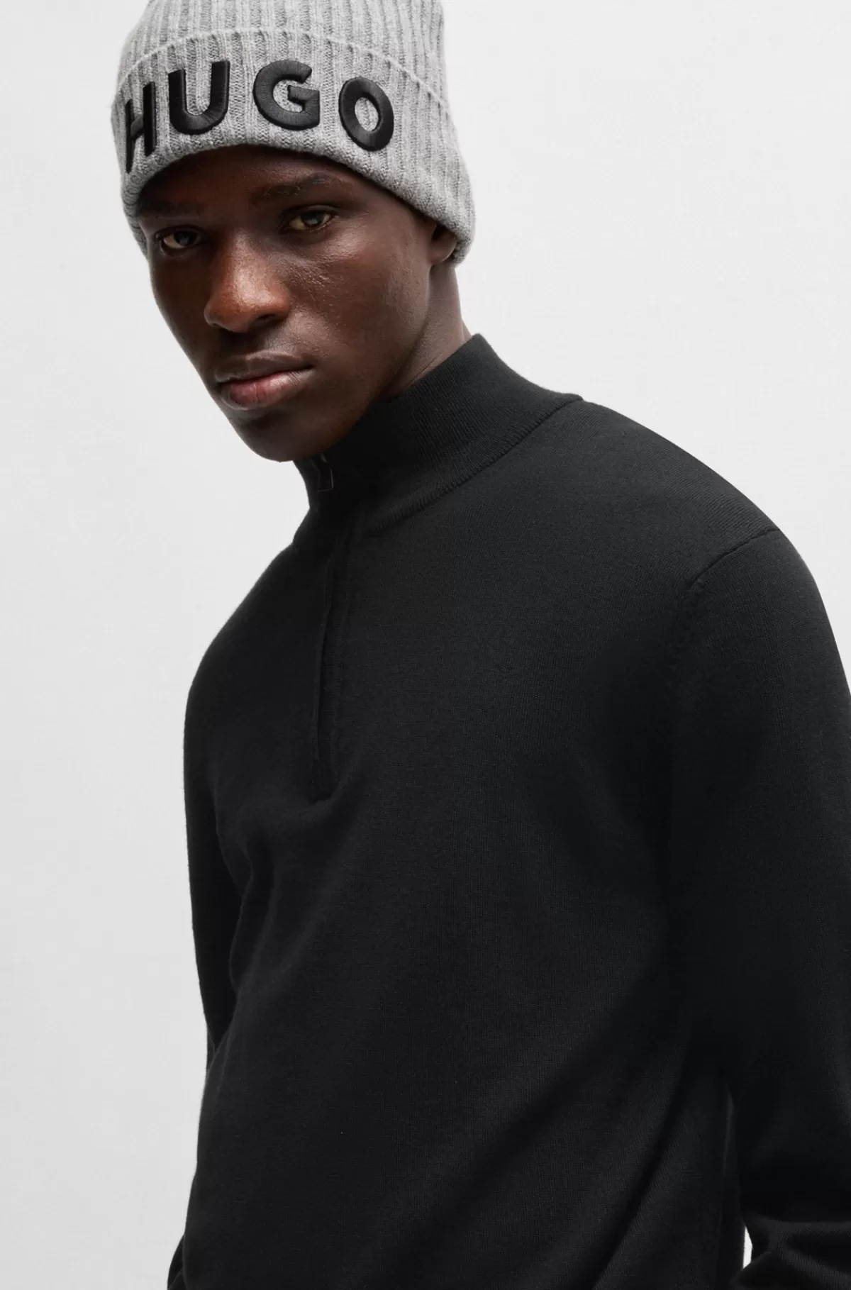 HUGO BOSS Sweater I Ny Uld Med Regular Fit Og Lynlås I Halsen Sort Best Sale