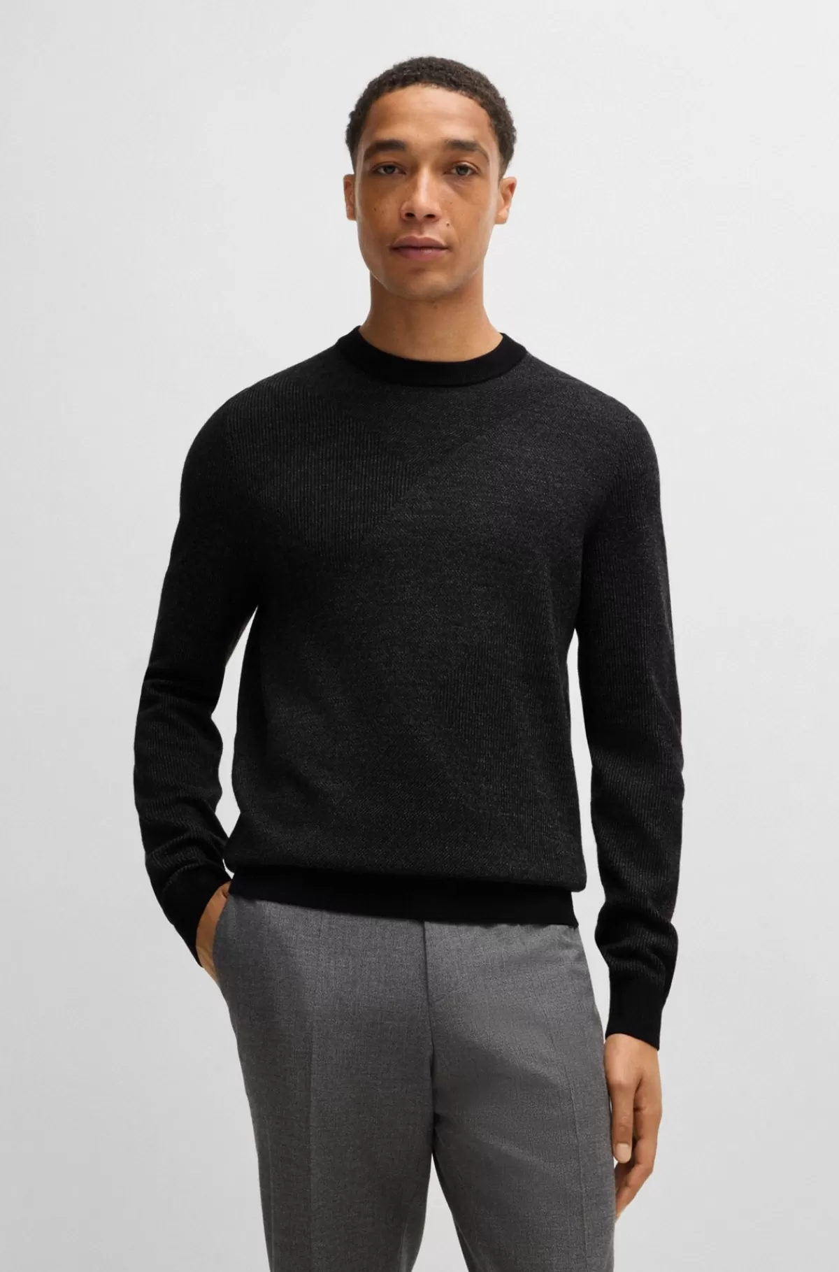 HUGO BOSS Sweater I Ny Uld Med Strikket Mønster I To Nuancer Sort Best Sale