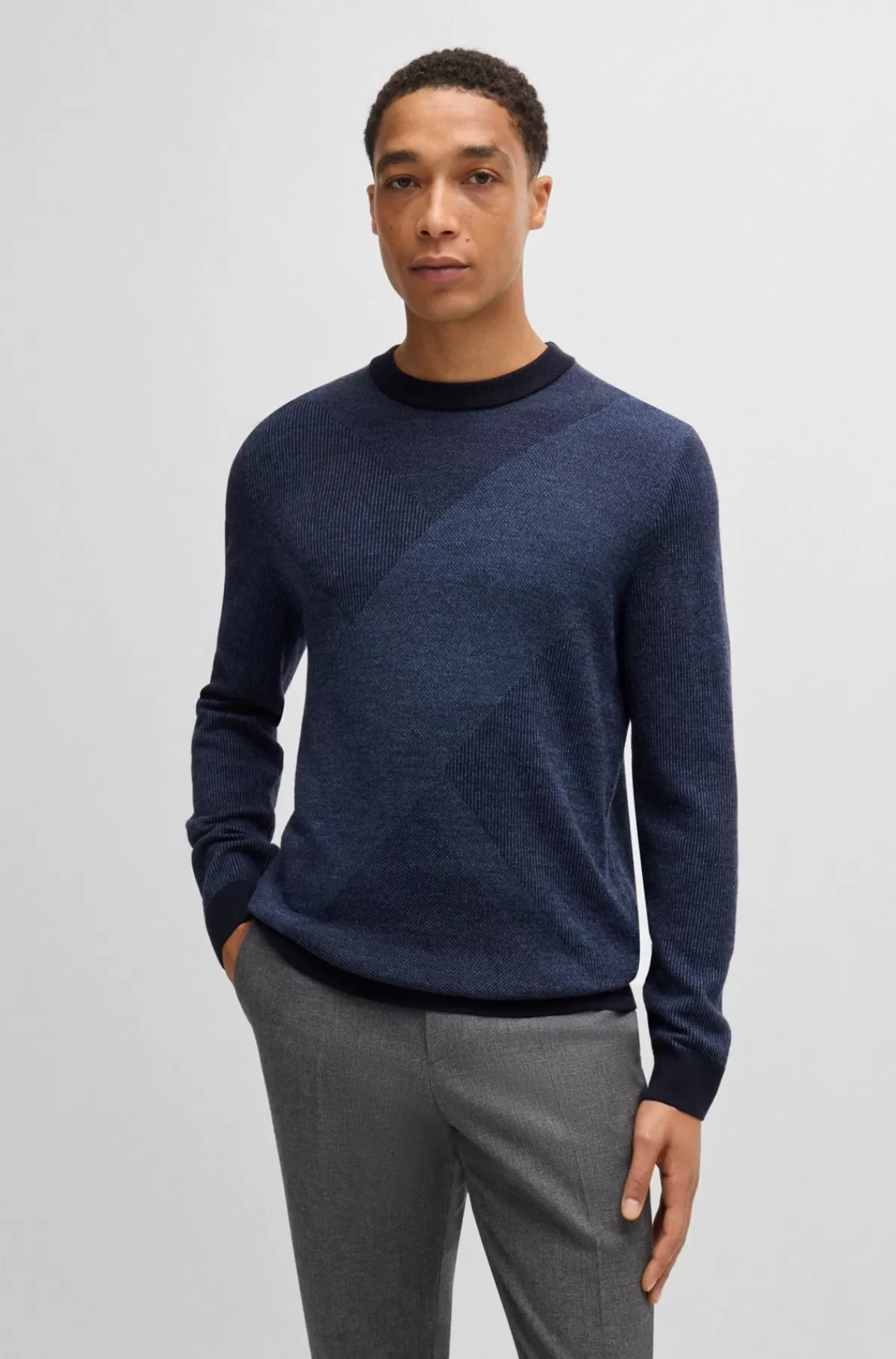 HUGO BOSS Sweater I Ny Uld Med Strikket Mønster I To Nuancer Mørkeblå Hot