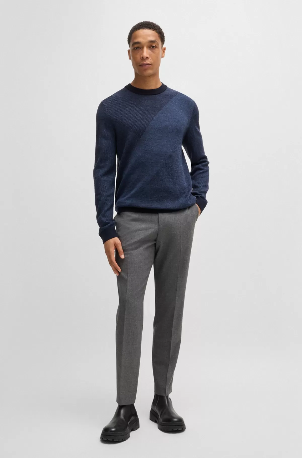 HUGO BOSS Sweater I Ny Uld Med Strikket Mønster I To Nuancer Mørkeblå Hot