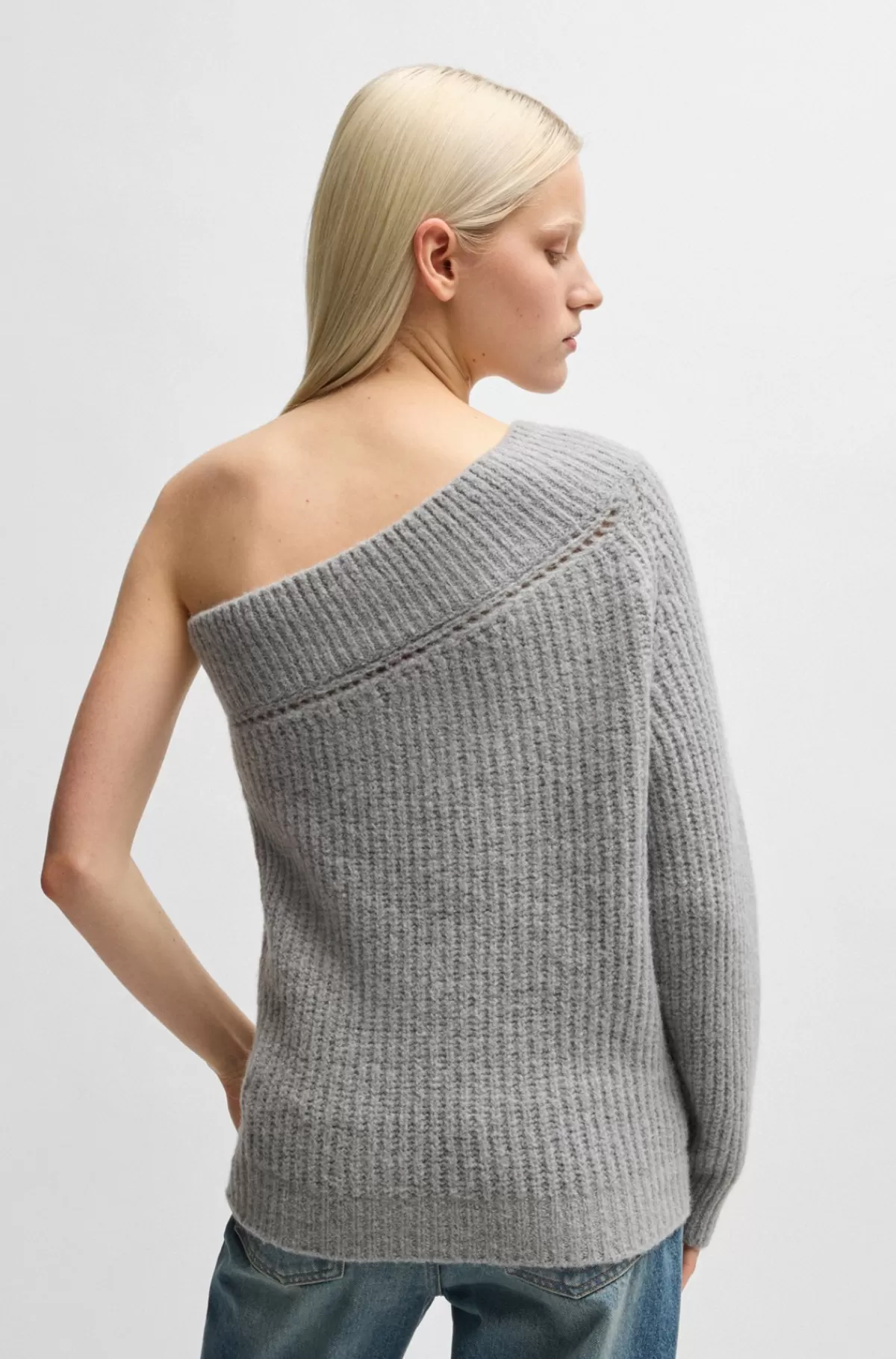 HUGO BOSS Sweater I Silke Med Strikket Struktur, Enkelt Skulder Og Regular Fit Grå Flash Sale