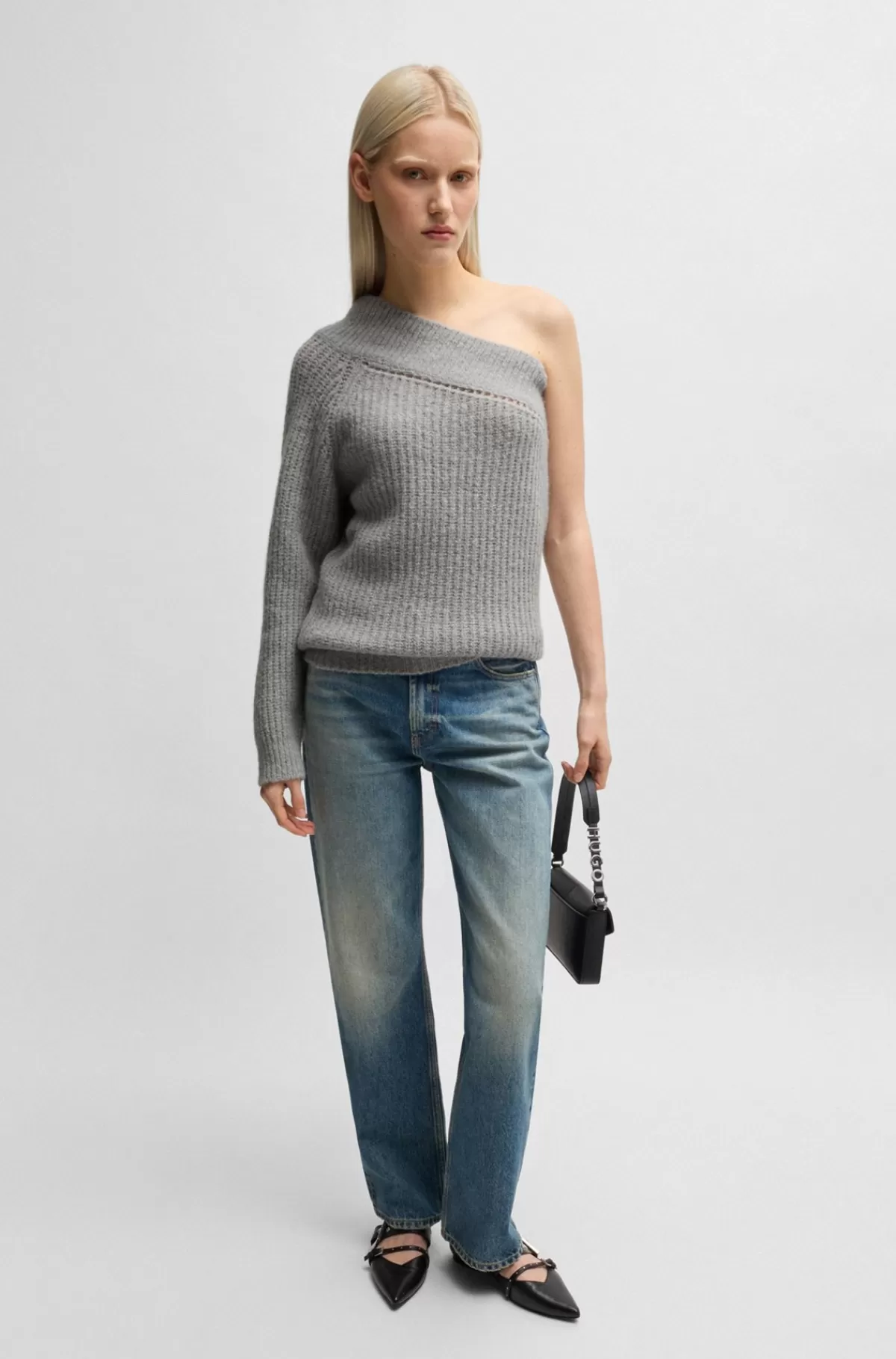 HUGO BOSS Sweater I Silke Med Strikket Struktur, Enkelt Skulder Og Regular Fit Grå Flash Sale