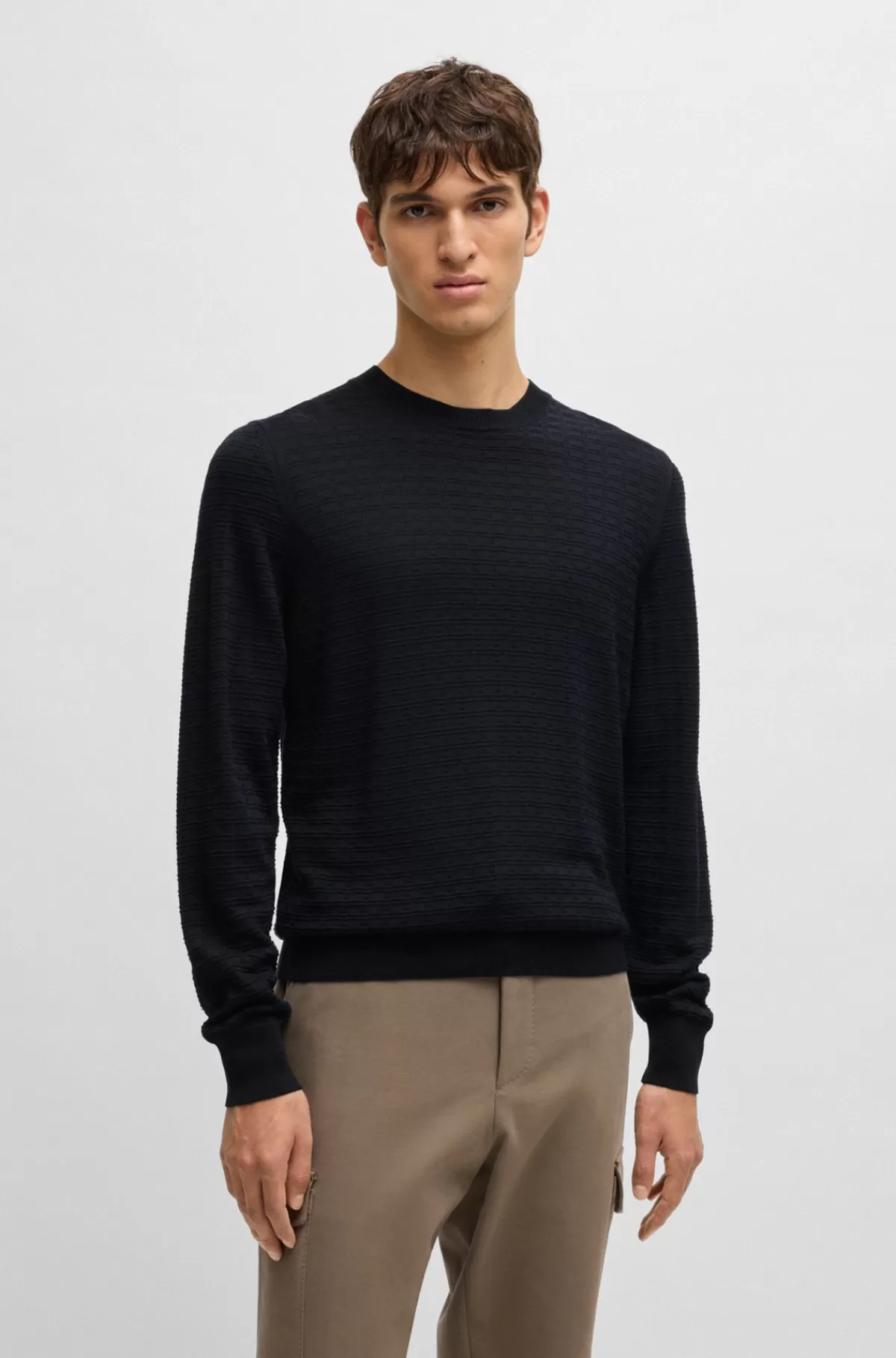 HUGO BOSS Sweater I Silke Med Strikket Struktur Og Regular Fit Mørkeblå Clearance