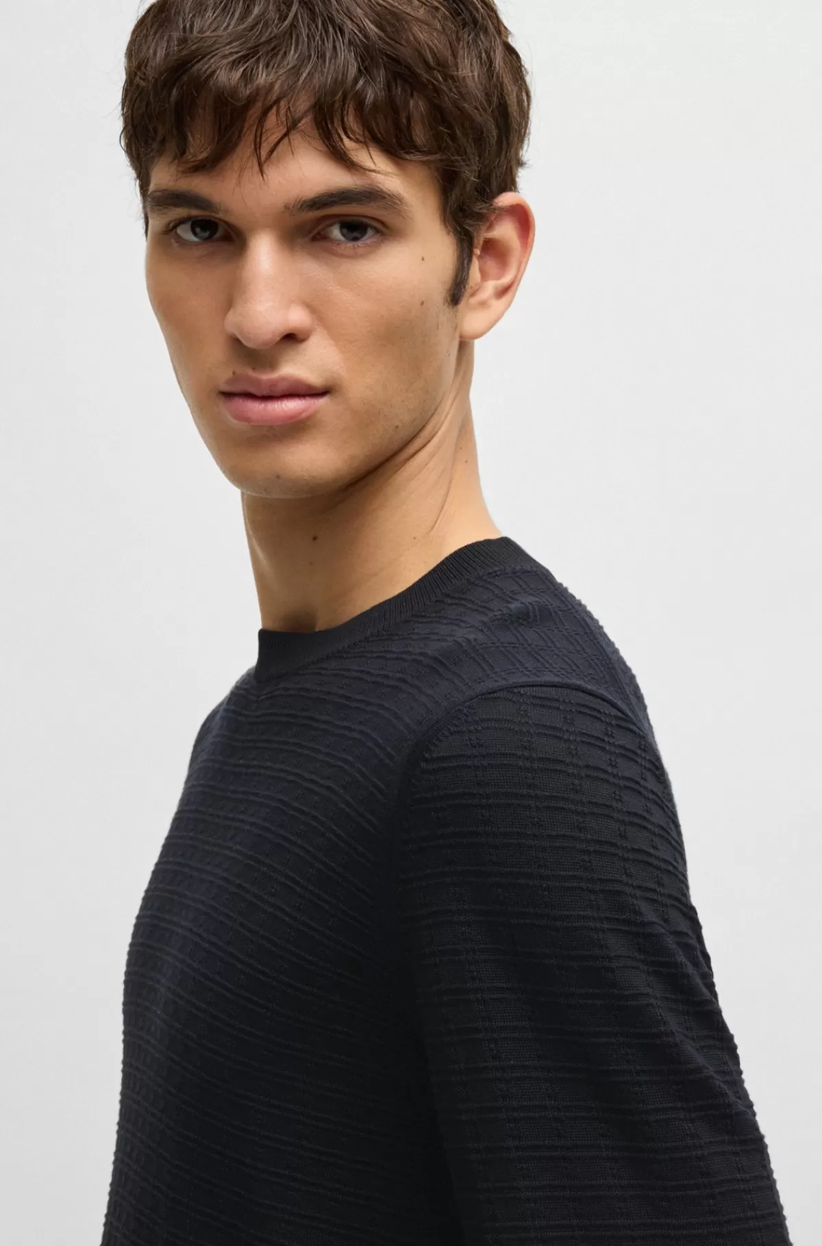 HUGO BOSS Sweater I Silke Med Strikket Struktur Og Regular Fit Mørkeblå Clearance