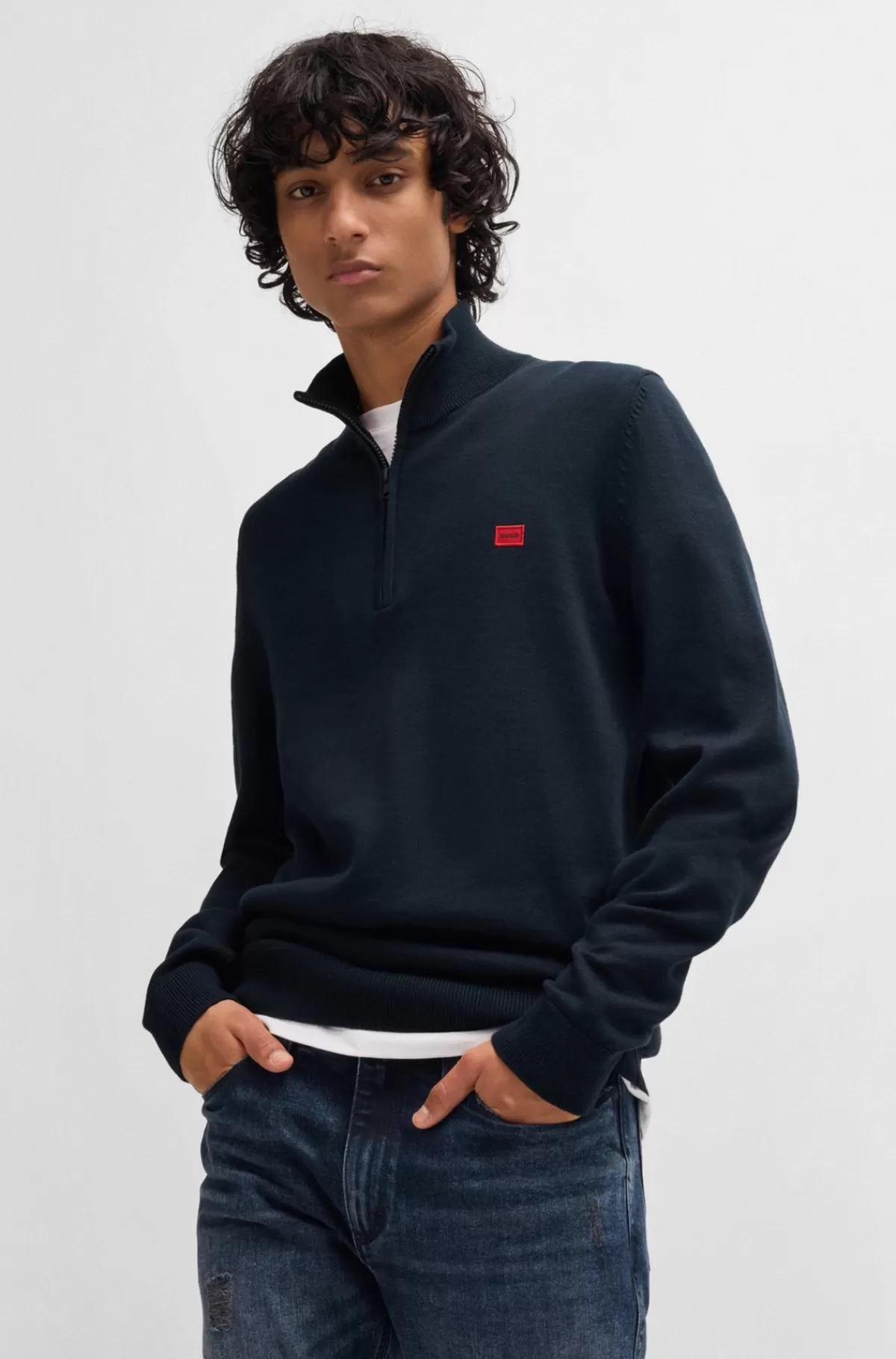 HUGO BOSS Sweater I Strikket Bomuld Med Lynlås I Halsen Og Rødt Logomærkat Mørkeblå Cheap