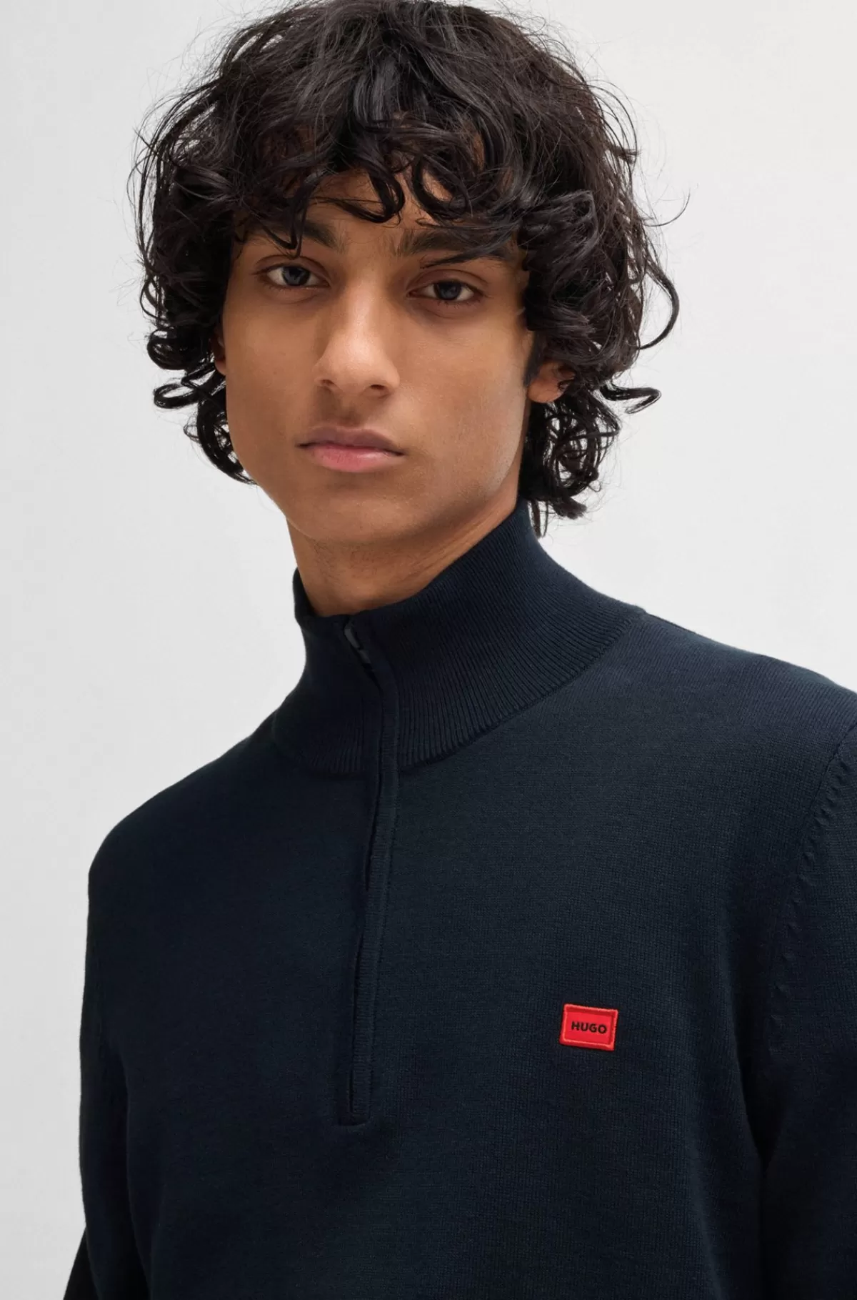 HUGO BOSS Sweater I Strikket Bomuld Med Lynlås I Halsen Og Rødt Logomærkat Mørkeblå Cheap