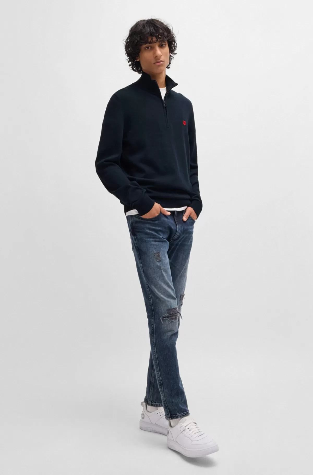 HUGO BOSS Sweater I Strikket Bomuld Med Lynlås I Halsen Og Rødt Logomærkat Mørkeblå Cheap