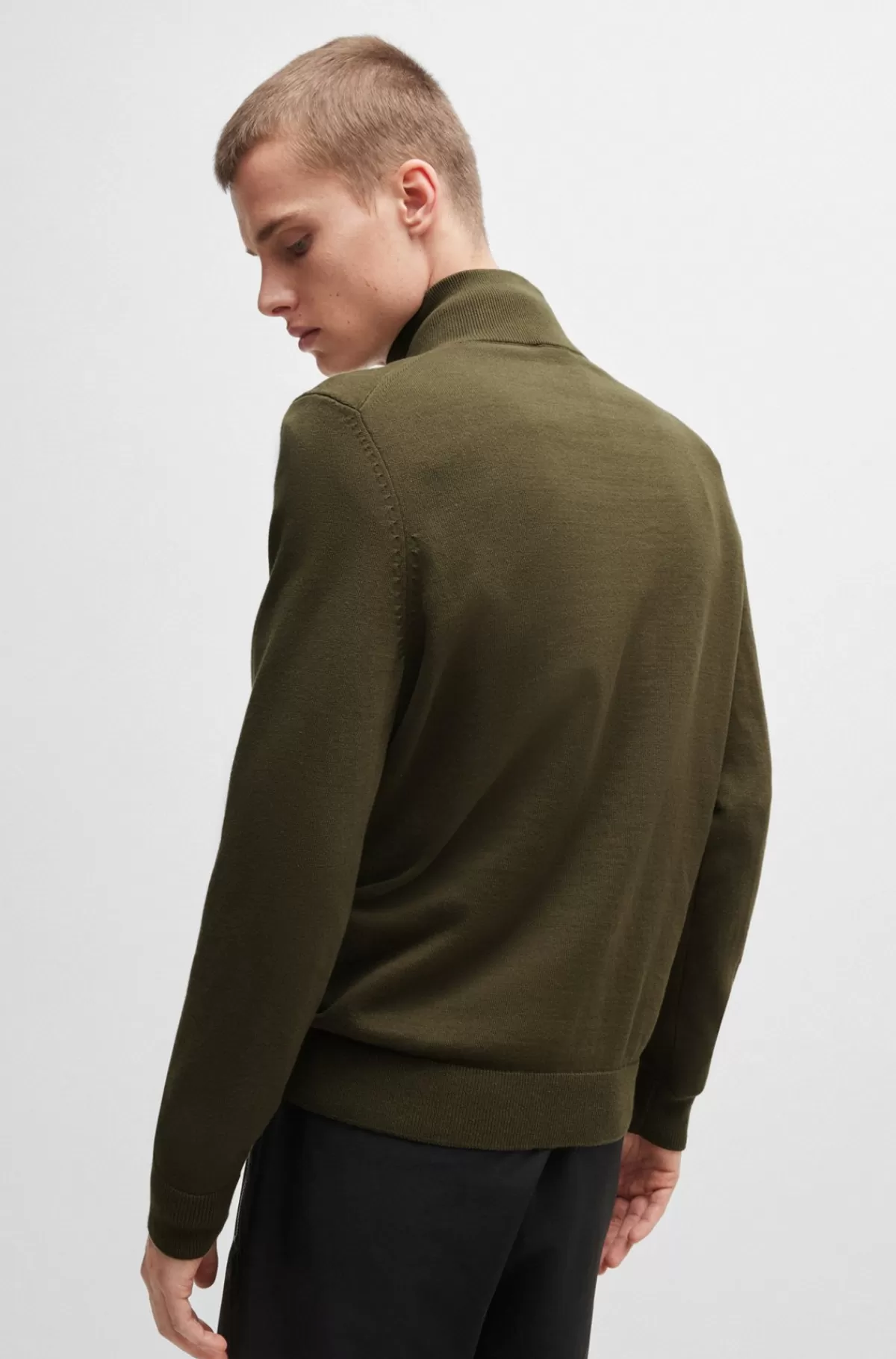HUGO BOSS Sweater I Strikket Bomuld Med Lynlås I Halsen Og Rødt Logomærkat Kaki Shop