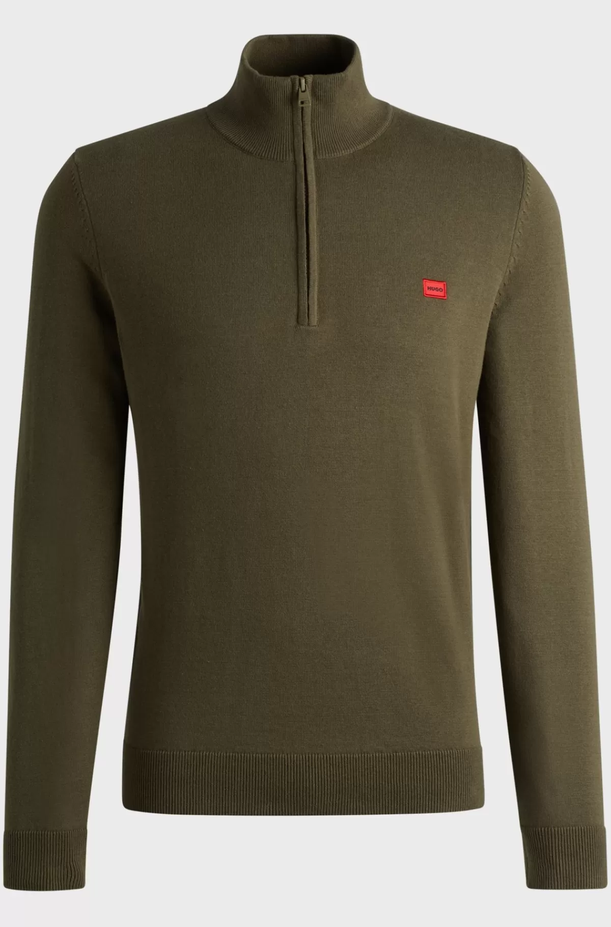 HUGO BOSS Sweater I Strikket Bomuld Med Lynlås I Halsen Og Rødt Logomærkat Kaki Shop