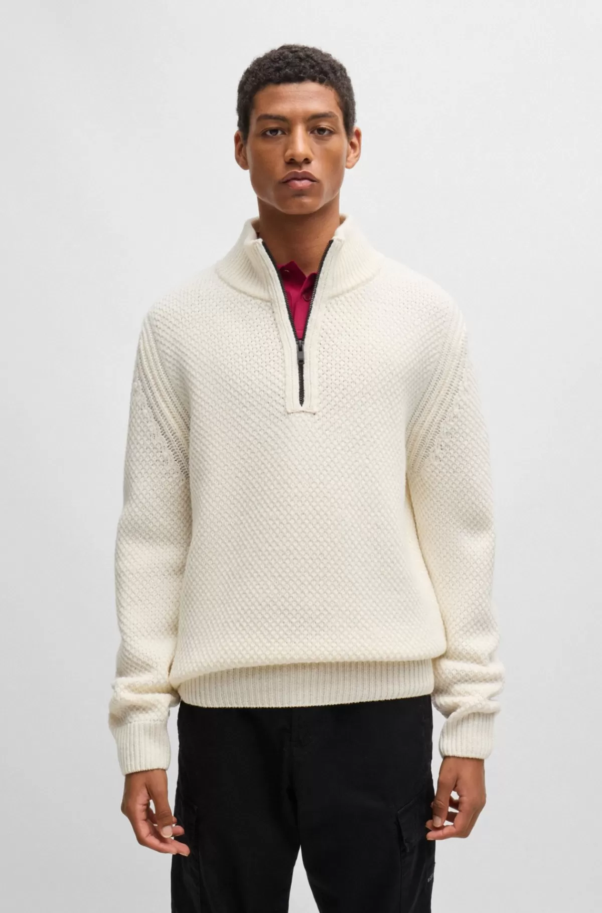 HUGO BOSS Sweater I Uldblanding Med Lynlås I Halsen Hvid Flash Sale