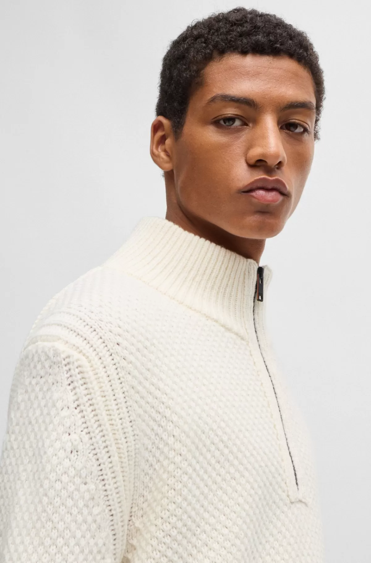 HUGO BOSS Sweater I Uldblanding Med Lynlås I Halsen Hvid Flash Sale