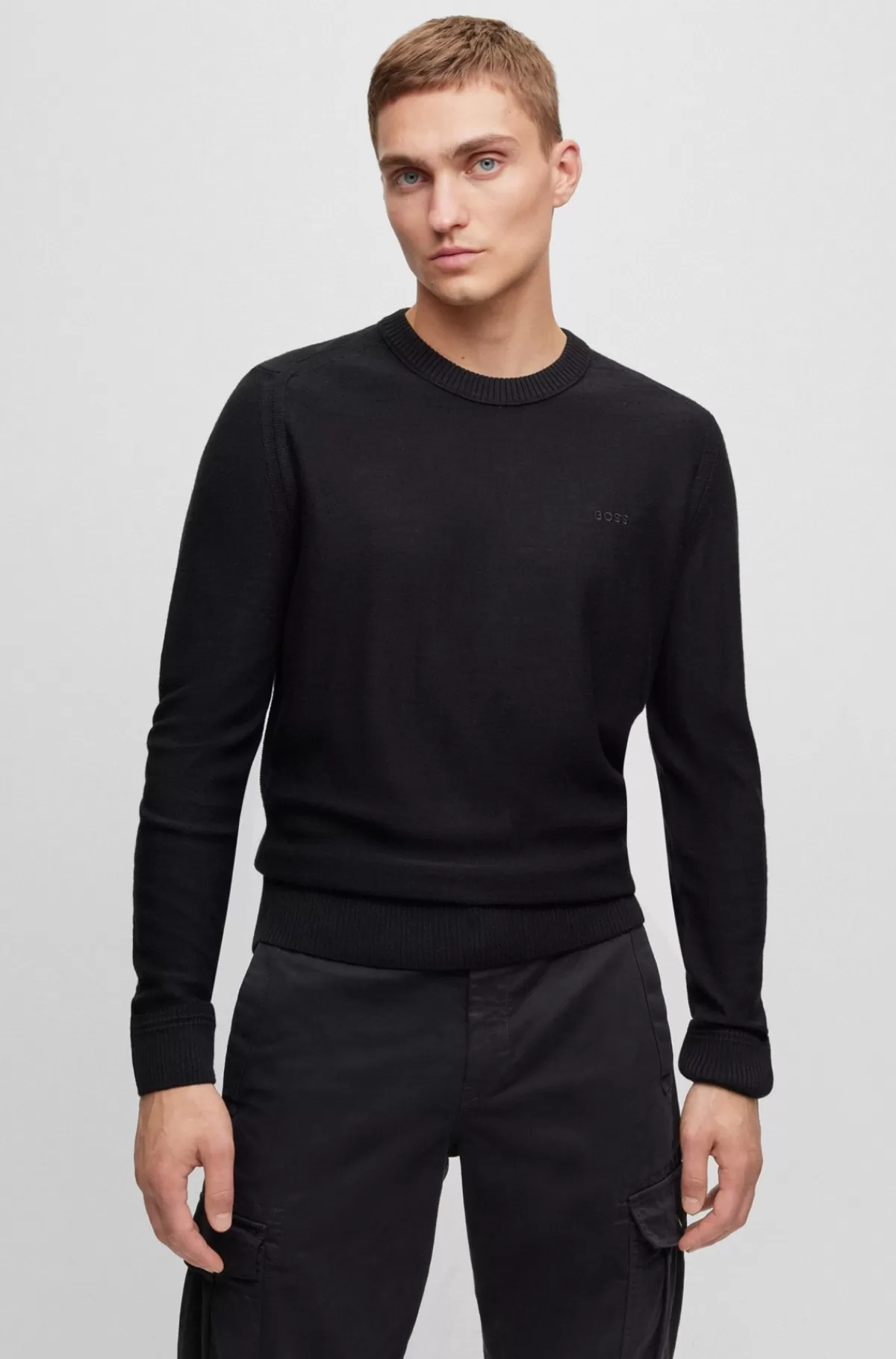 HUGO BOSS Sweater I Uldblanding Med Regular Fit Og Broderet Logo Sort Cheap