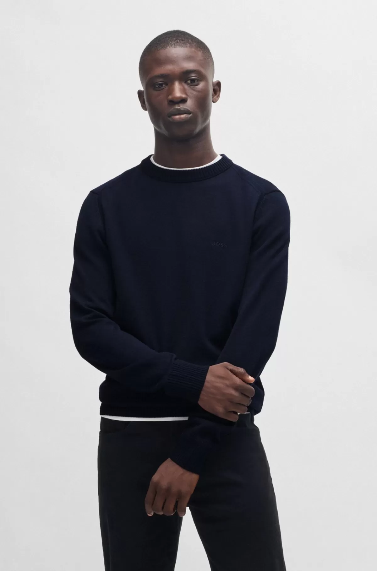 HUGO BOSS Sweater I Uldblanding Med Regular Fit Og Broderet Logo Mørkeblå Shop