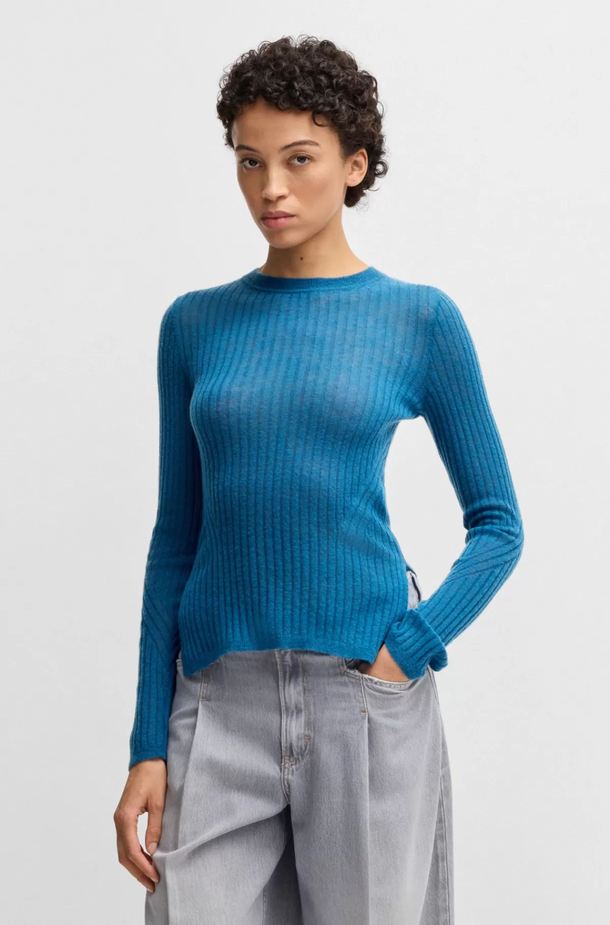 HUGO BOSS Sweater I Uldblanding Med Slim Fit Og Rå Kanter Blå Cheap
