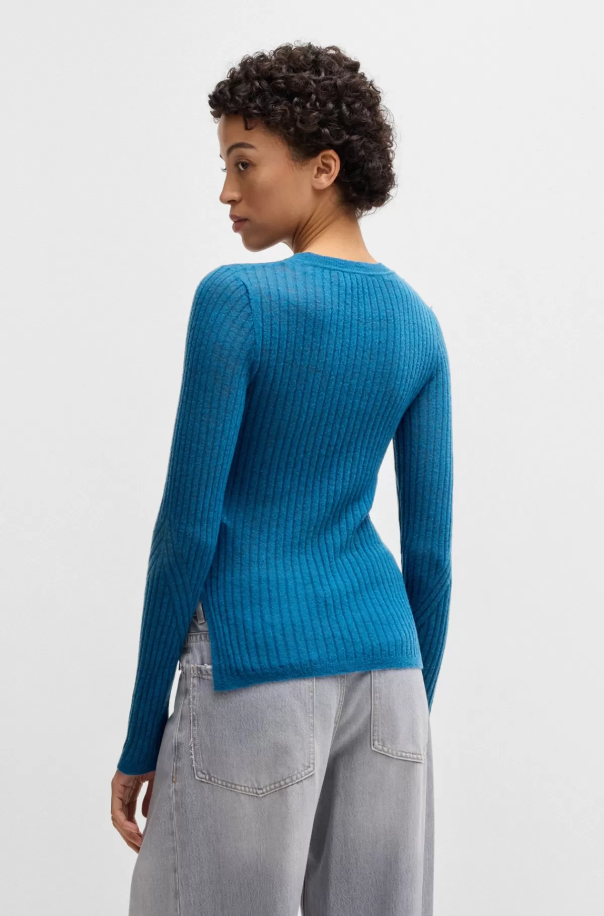 HUGO BOSS Sweater I Uldblanding Med Slim Fit Og Rå Kanter Blå Cheap