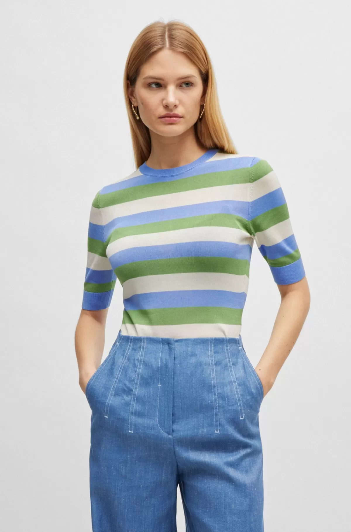 HUGO BOSS Sweater Med Afkortede ærmer Og Horisontale Striber Mønstret Outlet