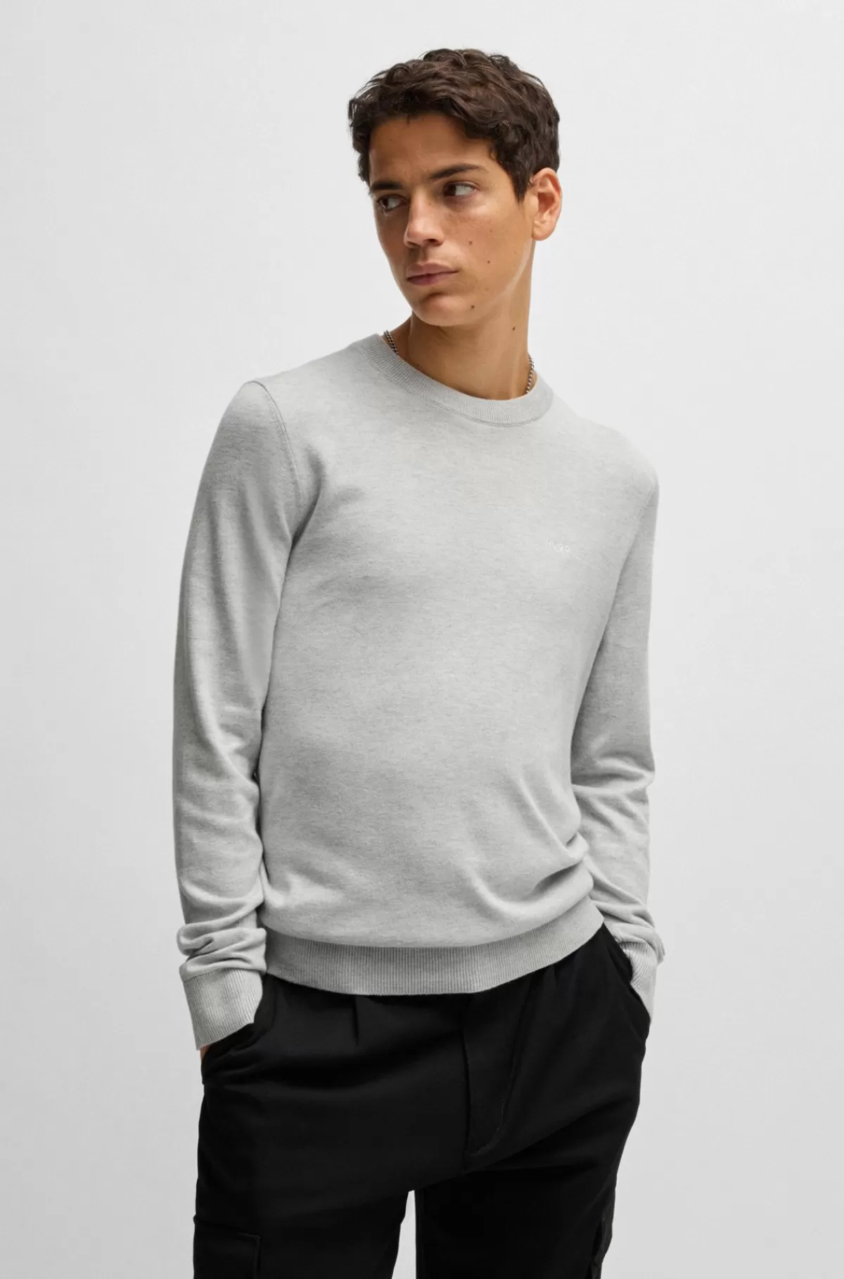 HUGO BOSS Sweater Med Almindelig Pasform I Bomuldsblanding Lysegrå Outlet