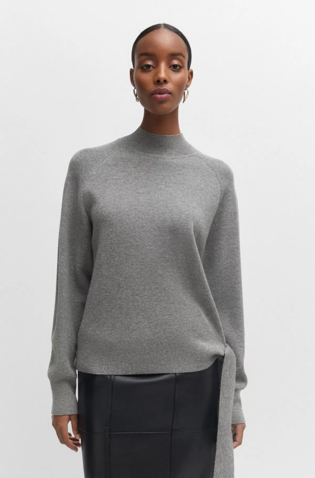 HUGO BOSS Sweater Med Bindedetalje I Ny Uld Og Kashmir Grå Hot