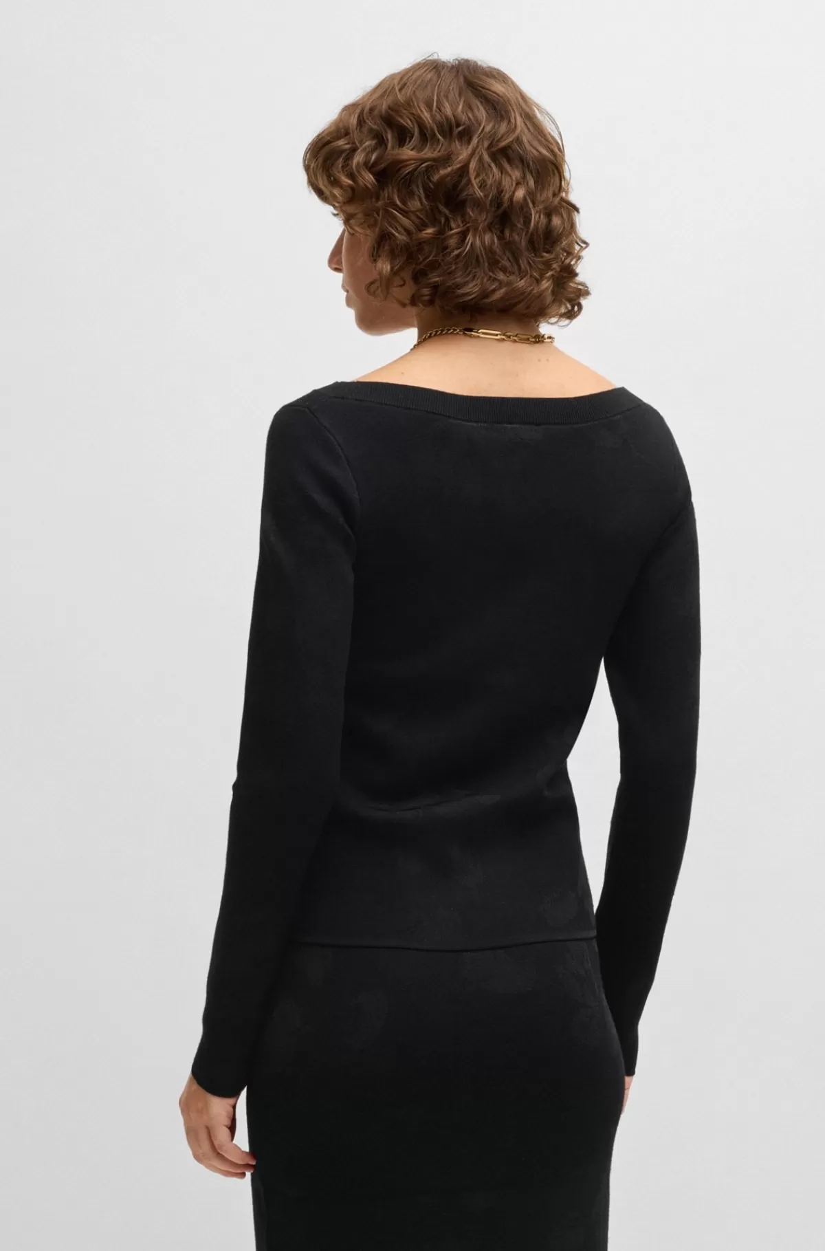 HUGO BOSS Sweater Med Bred Hals I Jacquard Med Stræk Sort Outlet