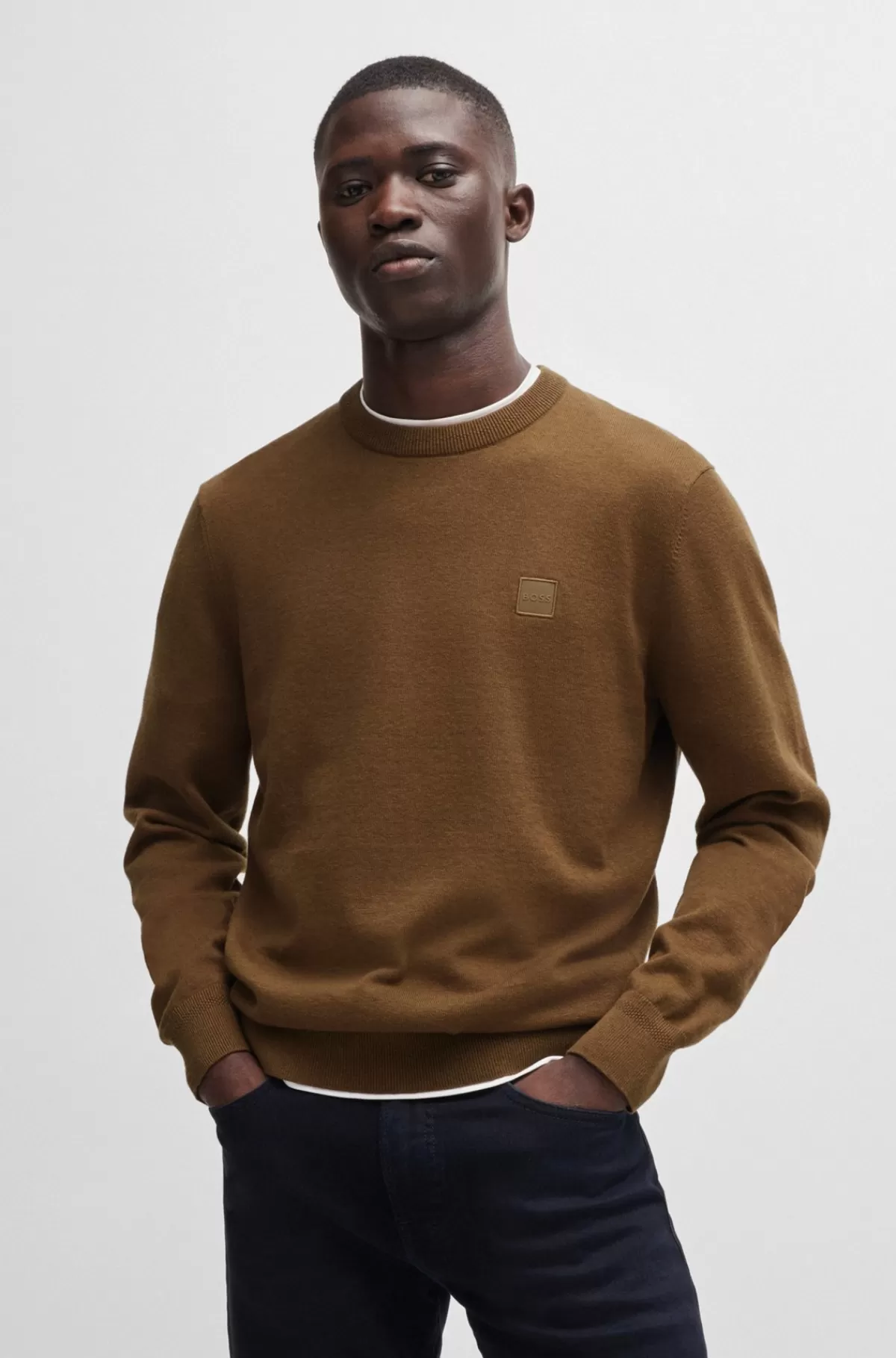 HUGO BOSS Sweater Med Crew Neck Og Logo I Bomuld Og Kashmir Brun Online